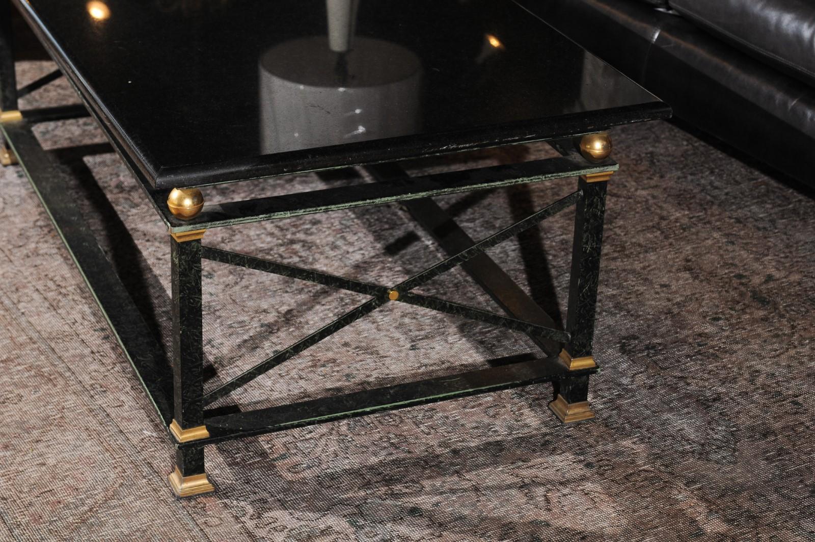 20th Century French Parisian Coffee Table with Black Marble Top, Iron Base and Brass Accents