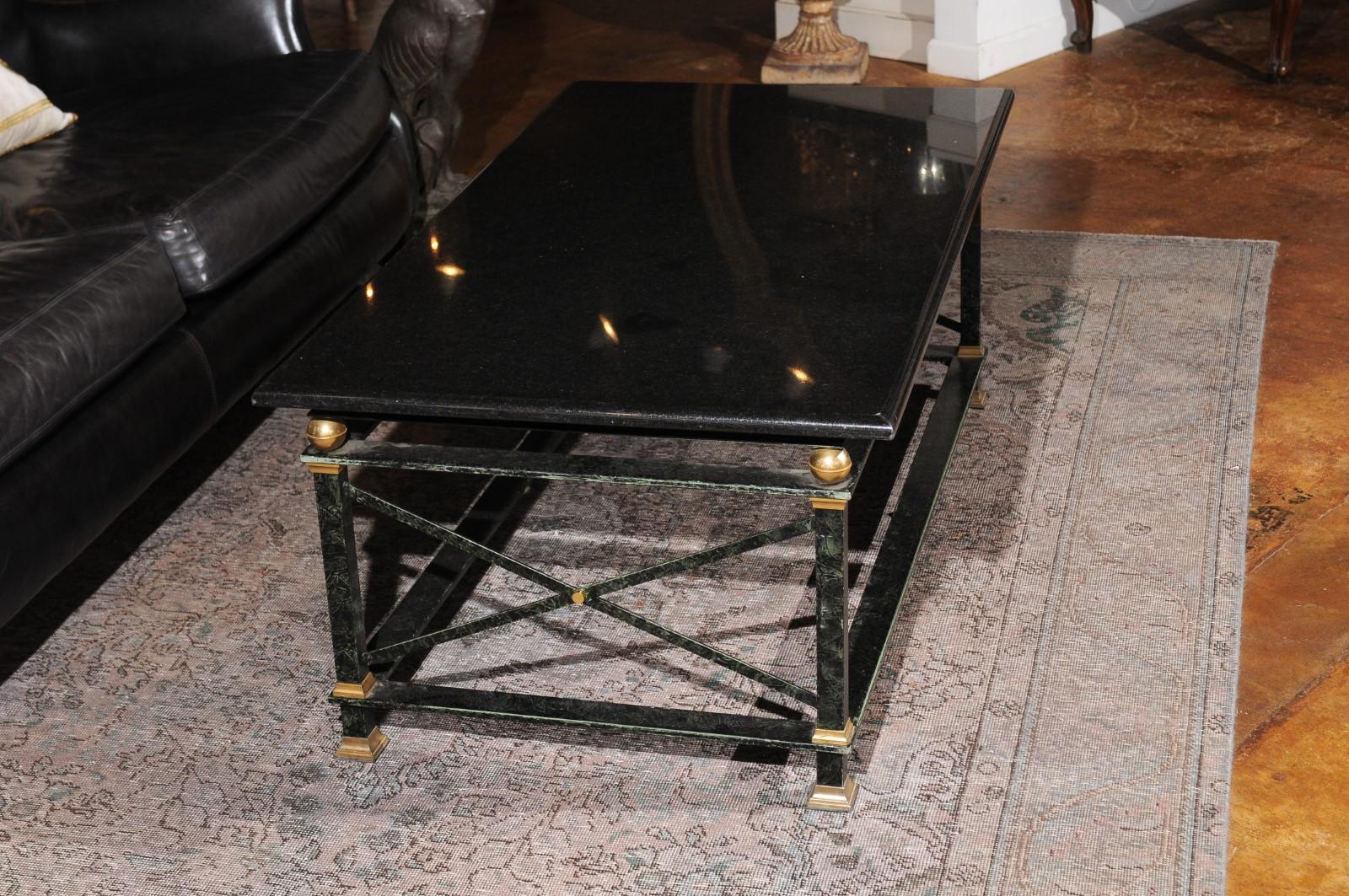 French Parisian Coffee Table with Black Marble Top, Iron Base and Brass Accents 1