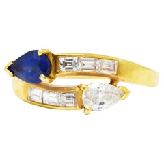 French Vintage Pear Cut 1.47 Carats Diamond Sapphire Bypass Channel Ring