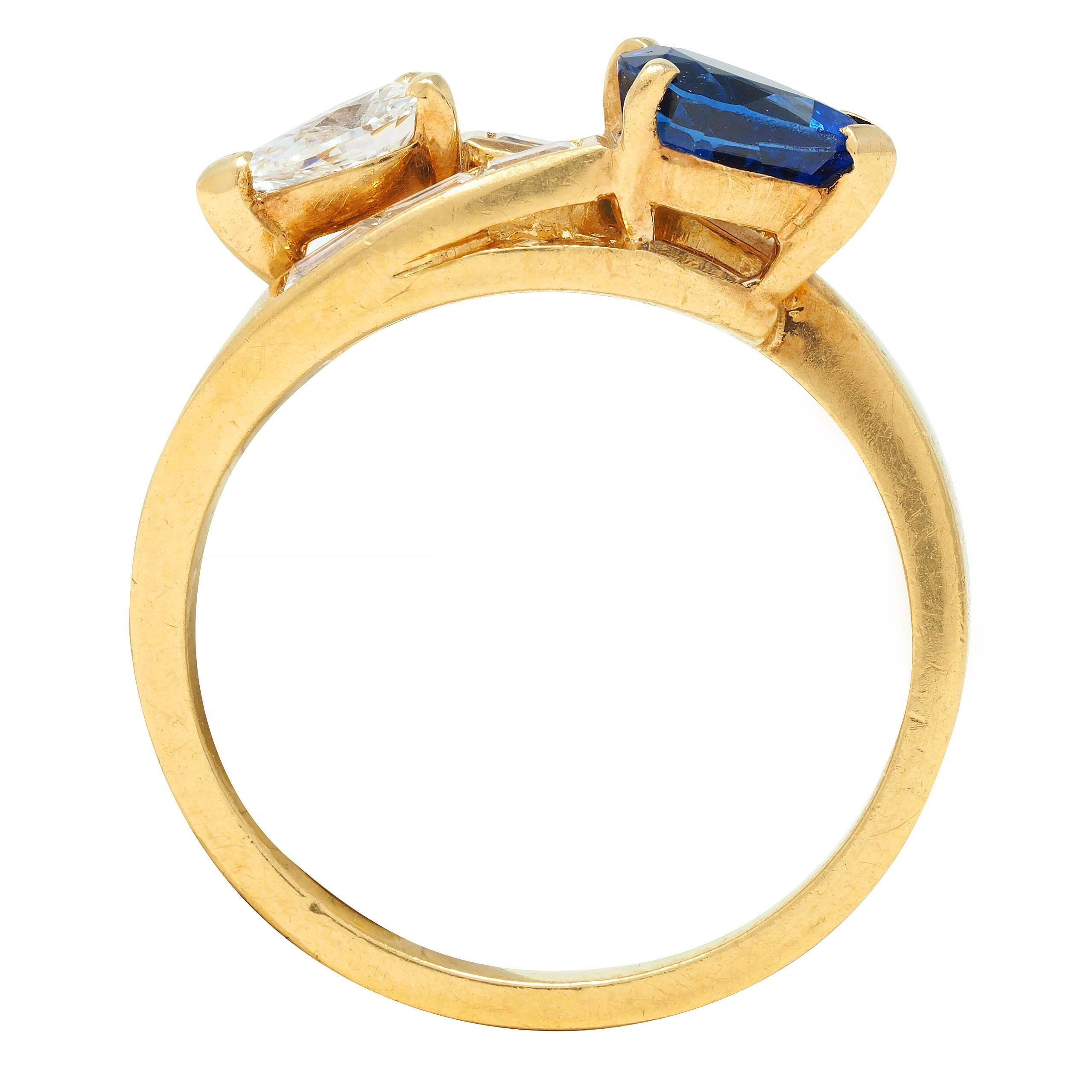 French Vintage Pear Cut 1.47 CTW Diamond Sapphire Bypass Channel Ring 7