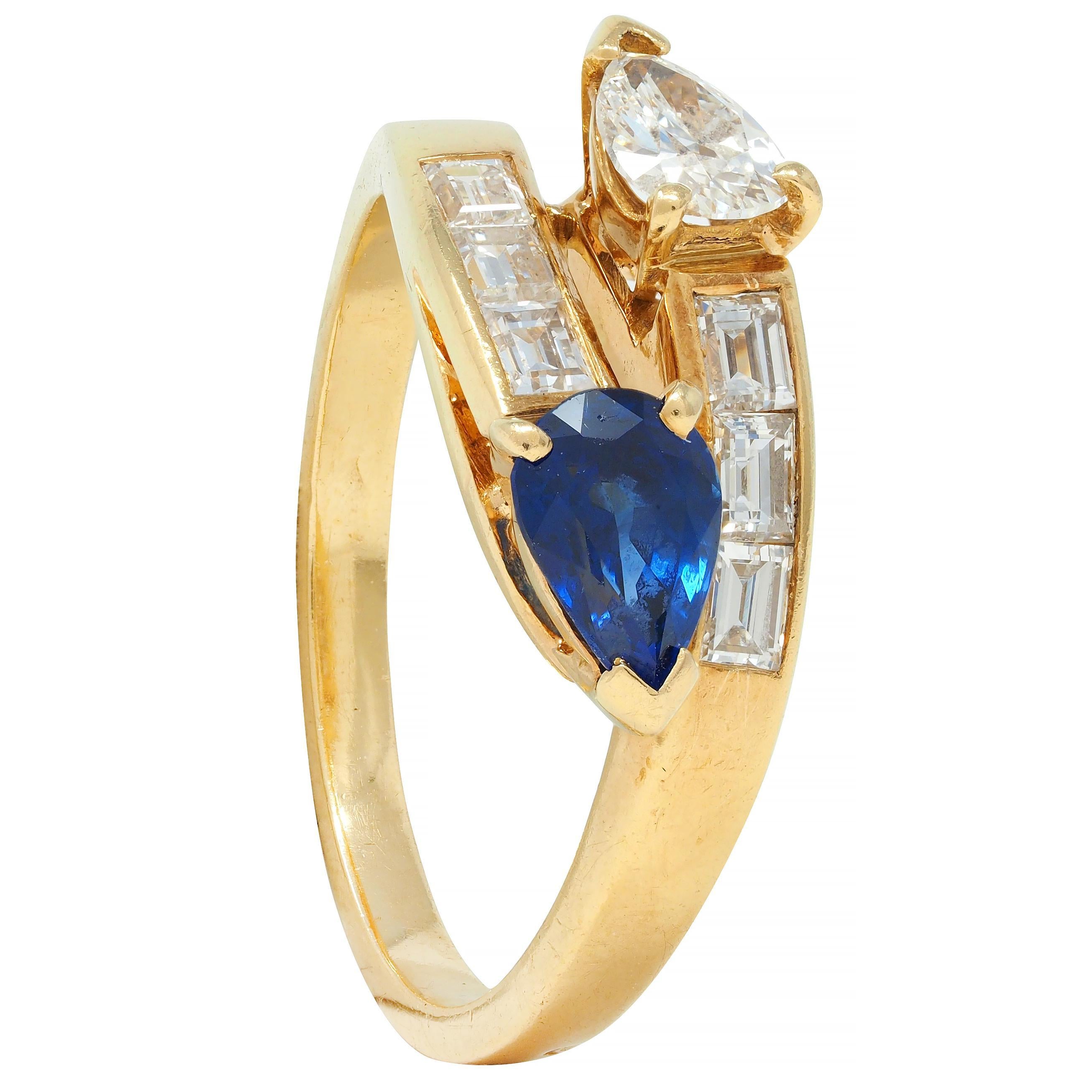 French Vintage Pear Cut 1.47 CTW Diamond Sapphire Bypass Channel Ring 8