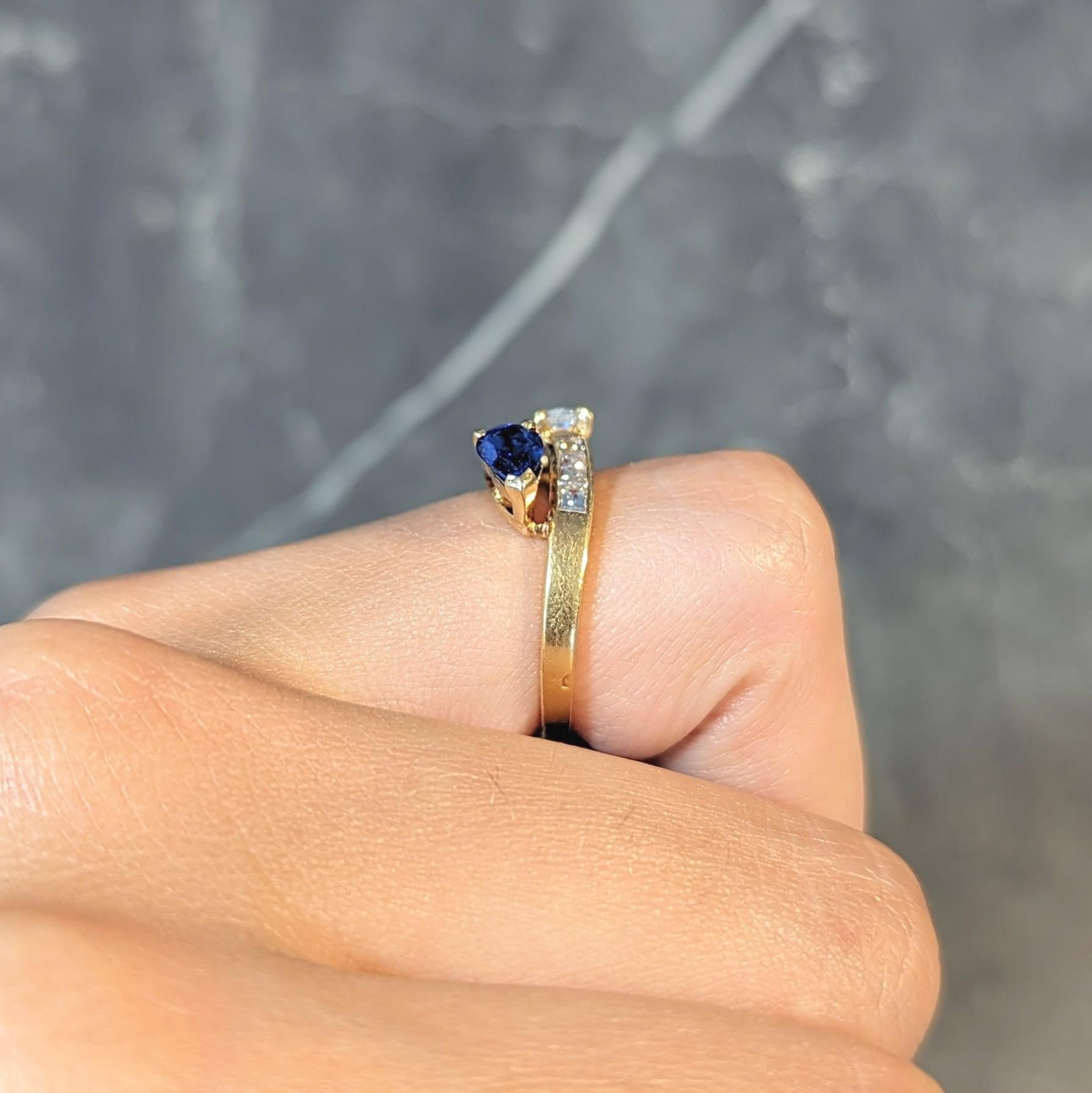 French Vintage Pear Cut 1.47 CTW Diamond Sapphire Bypass Channel Ring For Sale 11