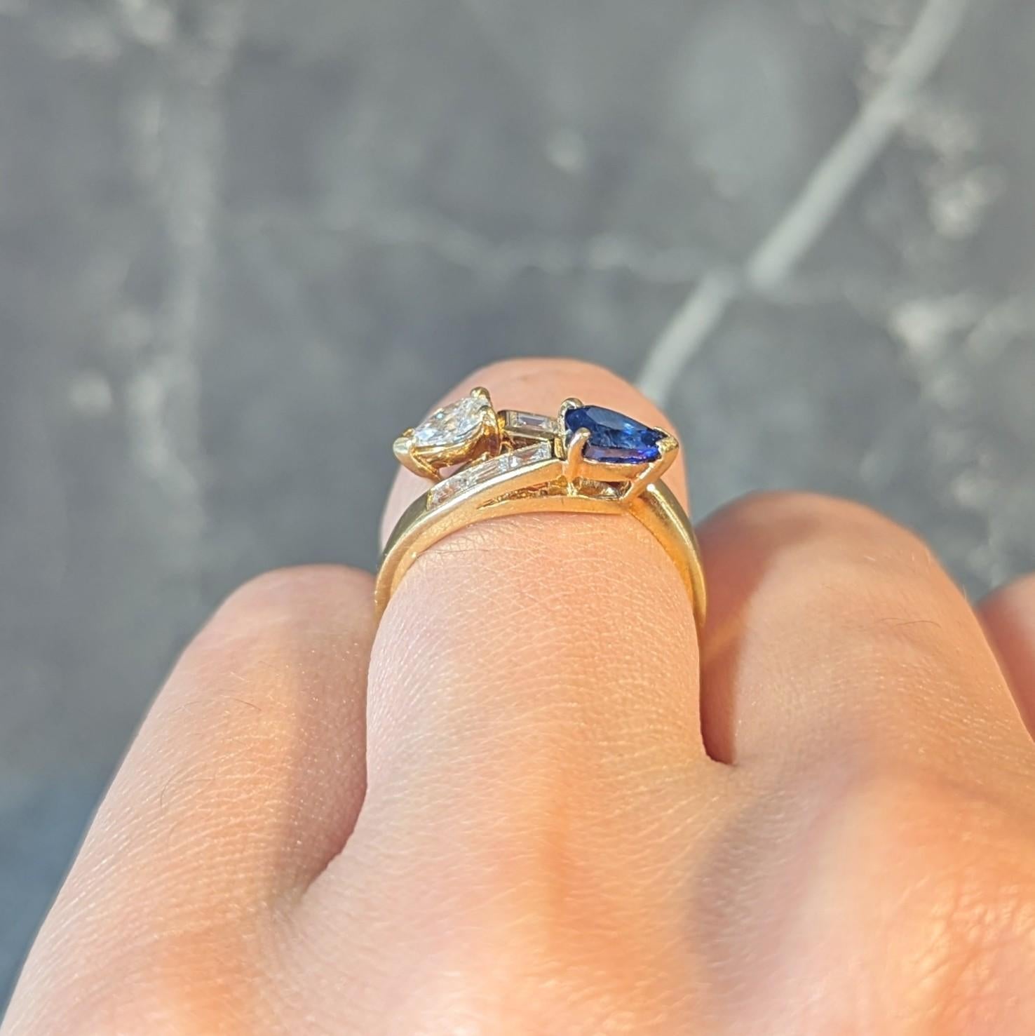French Vintage Pear Cut 1.47 CTW Diamond Sapphire Bypass Channel Ring 12