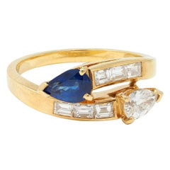 French Vintage Pear Cut 1.47 CTW Diamond Sapphire Bypass Channel Ring