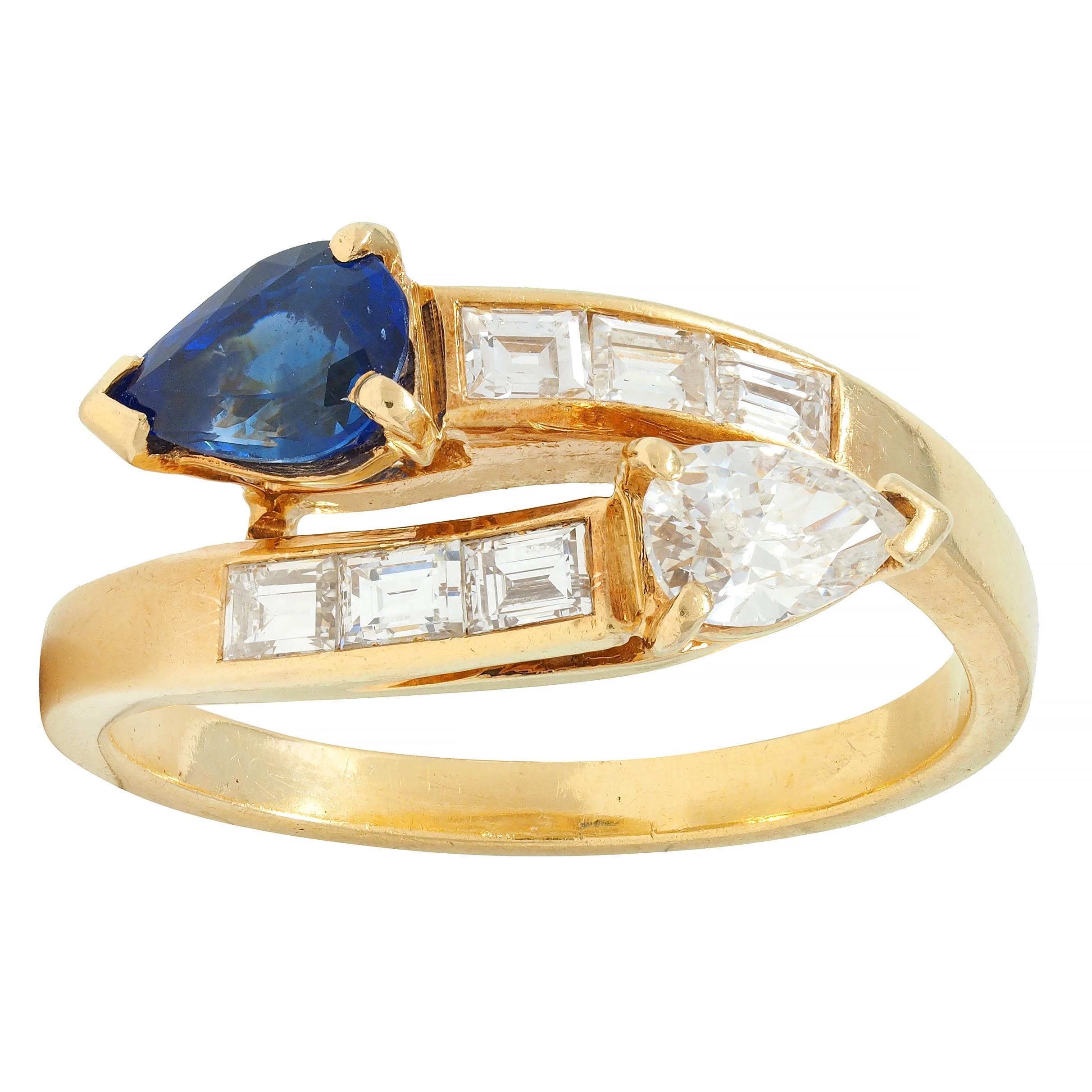French Vintage Pear Cut 1.47 CTW Diamond Sapphire Bypass Channel Ring 1