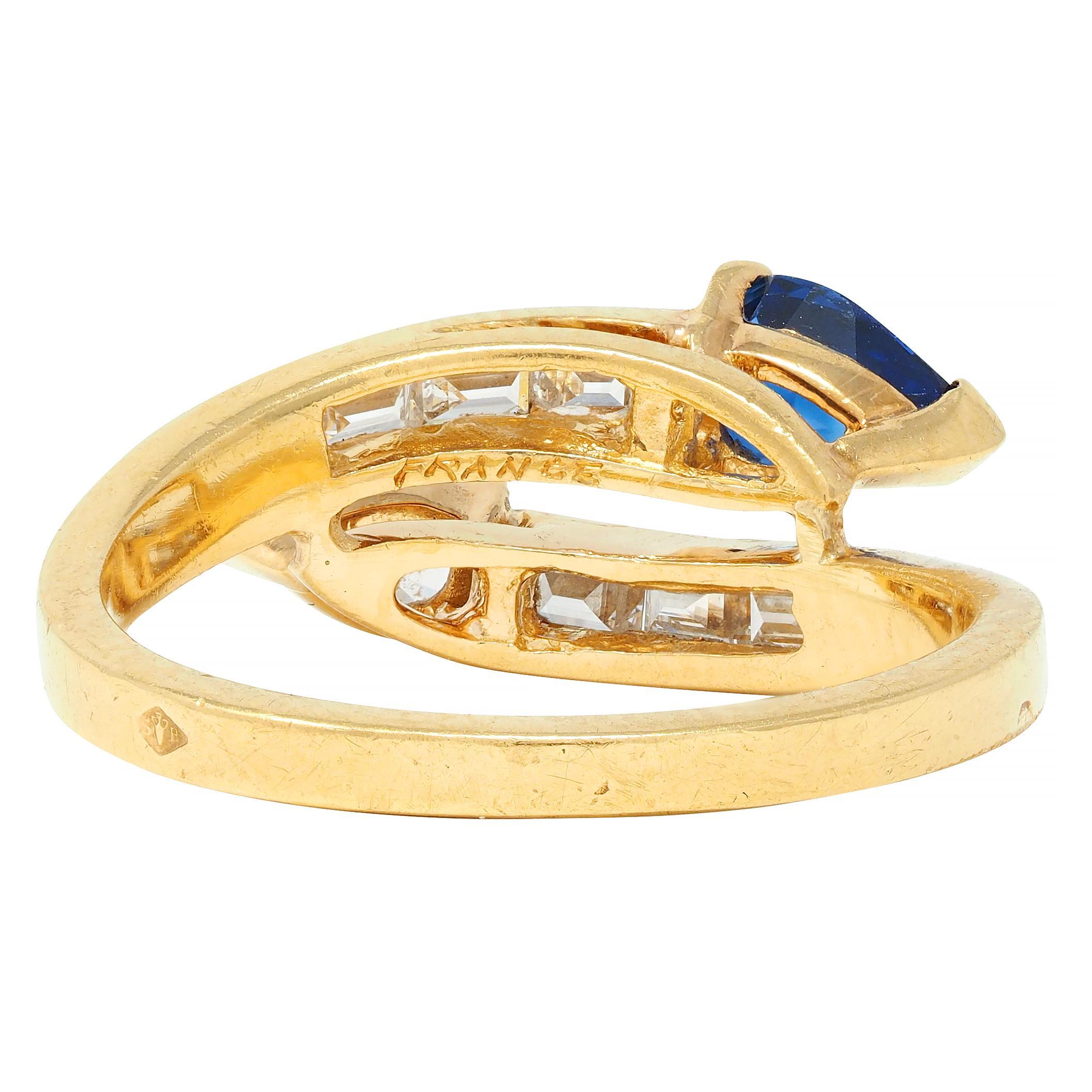 French Vintage Pear Cut 1.47 CTW Diamond Sapphire Bypass Channel Ring 2