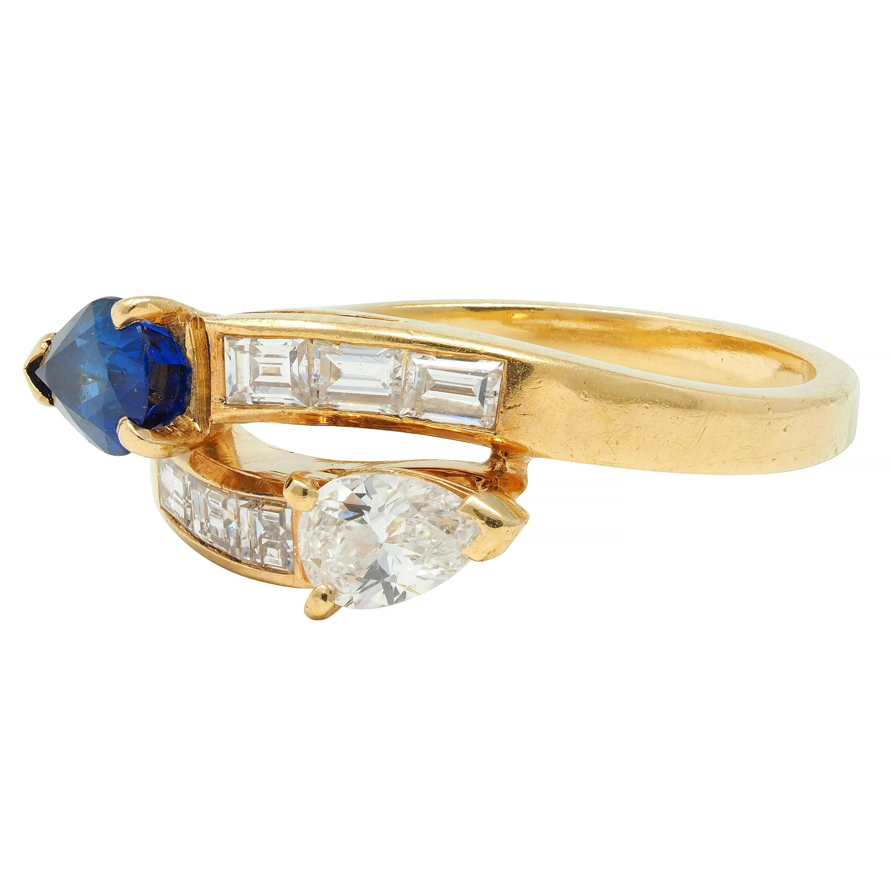 French Vintage Pear Cut 1.47 CTW Diamond Sapphire Bypass Channel Ring 4