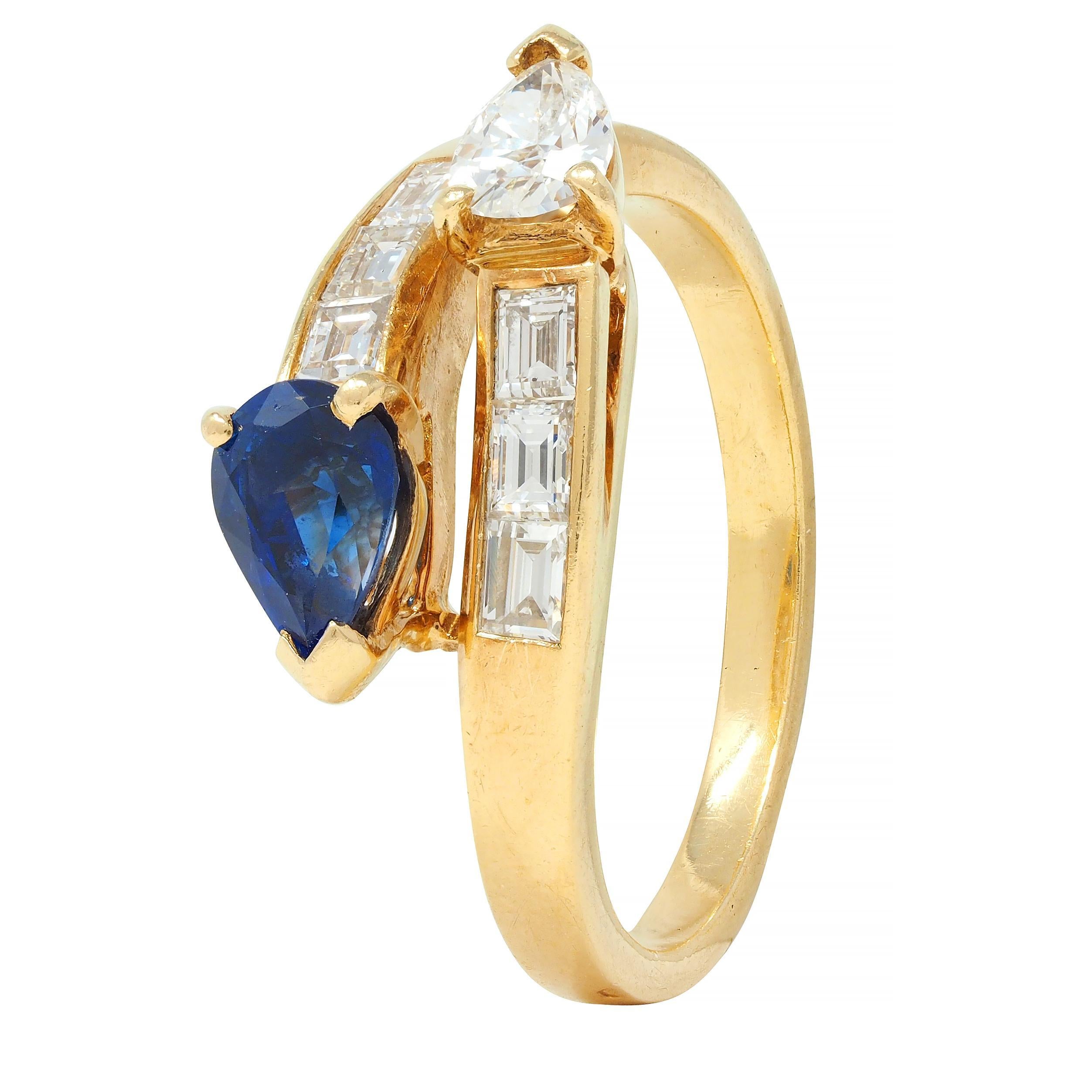 French Vintage Pear Cut 1.47 CTW Diamond Sapphire Bypass Channel Ring 5