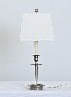 French Vintage Pewter Table Lamp Base with Custom Linen Shade