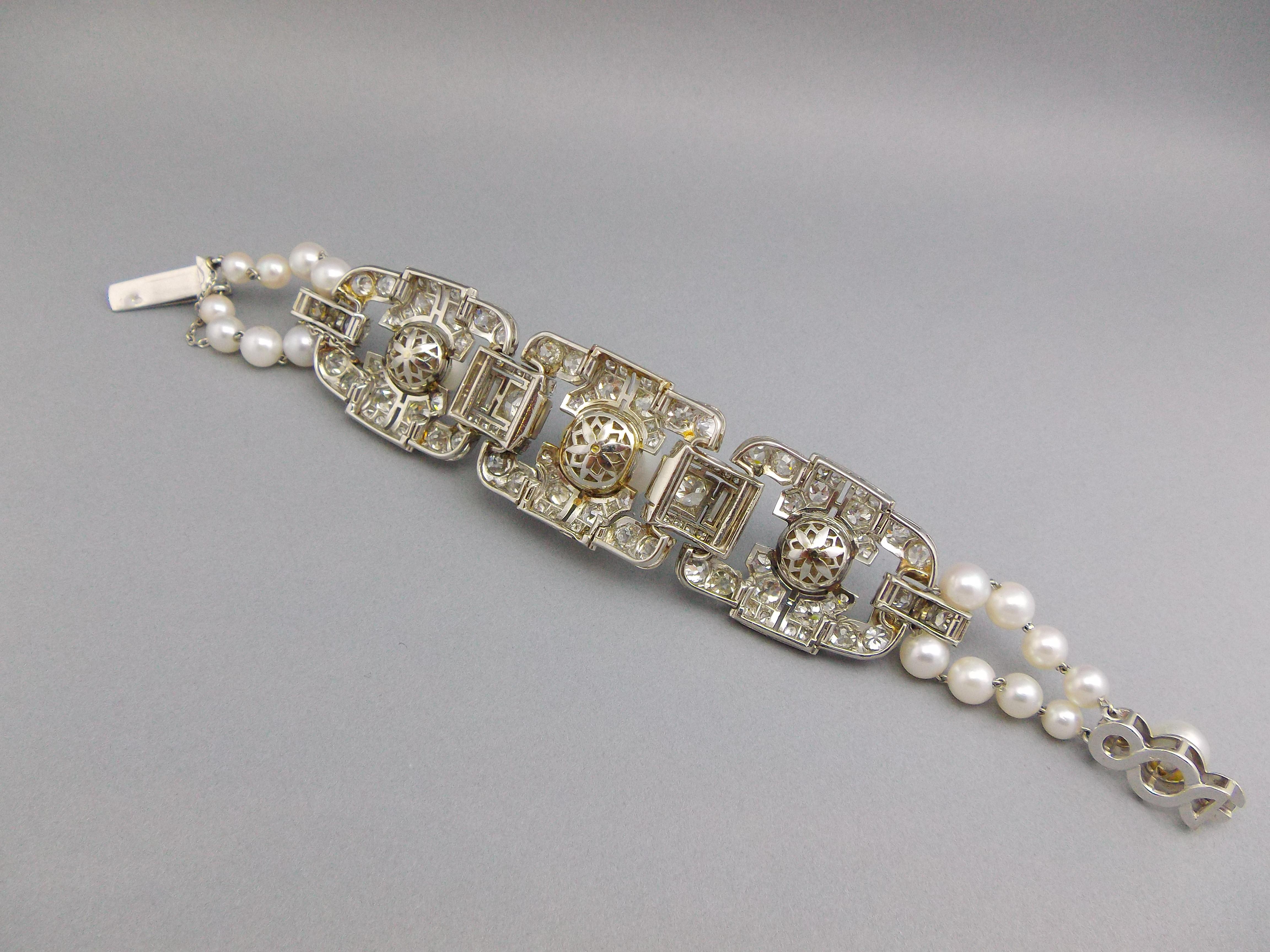 Round Cut French Vintage Platinum 18K White Gold Cultured Pearl Diamond Bracelet For Sale