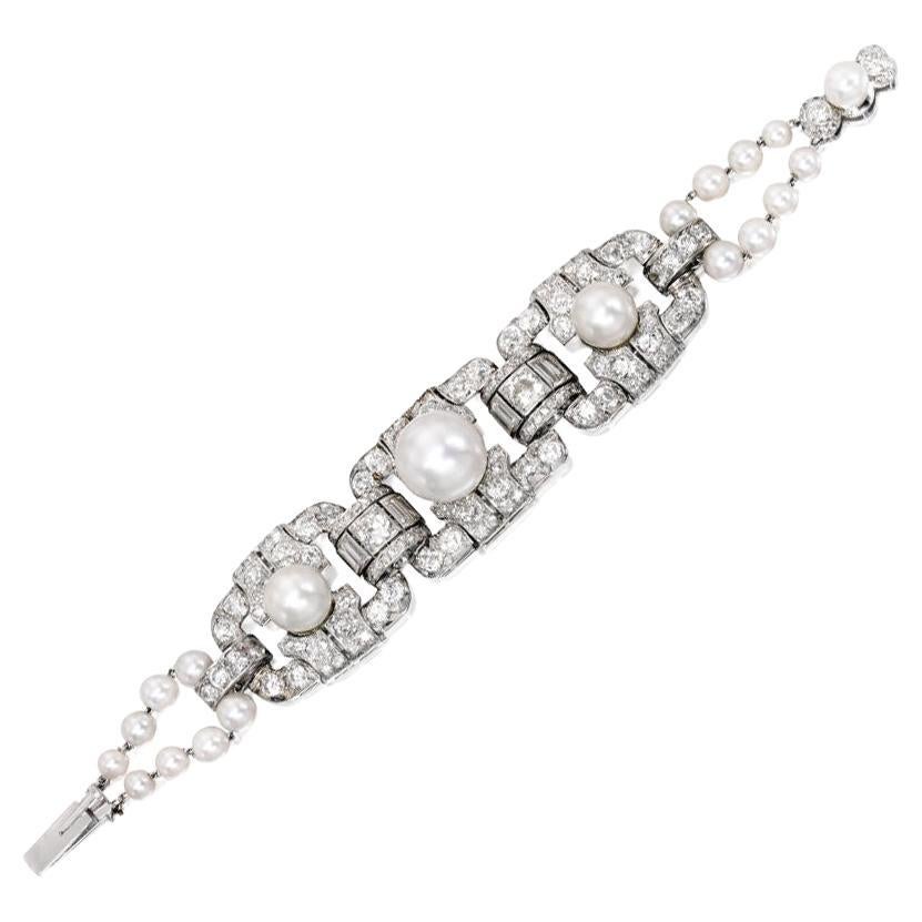 French Vintage Platinum 18K White Gold Cultured Pearl Diamond Bracelet