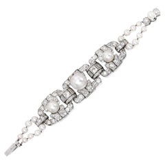 Bracelet français vintage en platine et or blanc 18 carats avec perles de culture et diamants