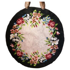 Vintage French Pure Wool Handmade Latch Hook Floral Rug, 1940s