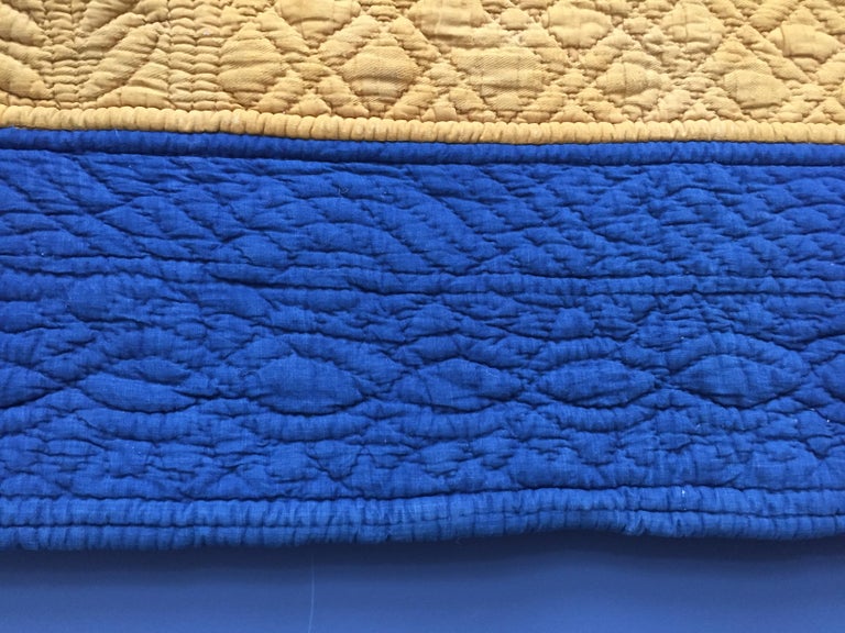 French Vintage Quilt in Indigo and Saffron Yellow from Early 19th