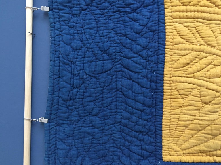 French Vintage Quilt in Indigo and Saffron Yellow from Early 19th