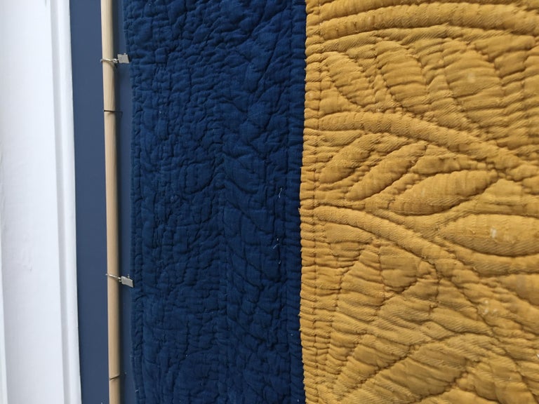 French Vintage Quilt in Indigo and Saffron Yellow from Early 19th