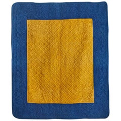French Vintage Quilt in Indigo and Saffron Yellow from Early 19th Century