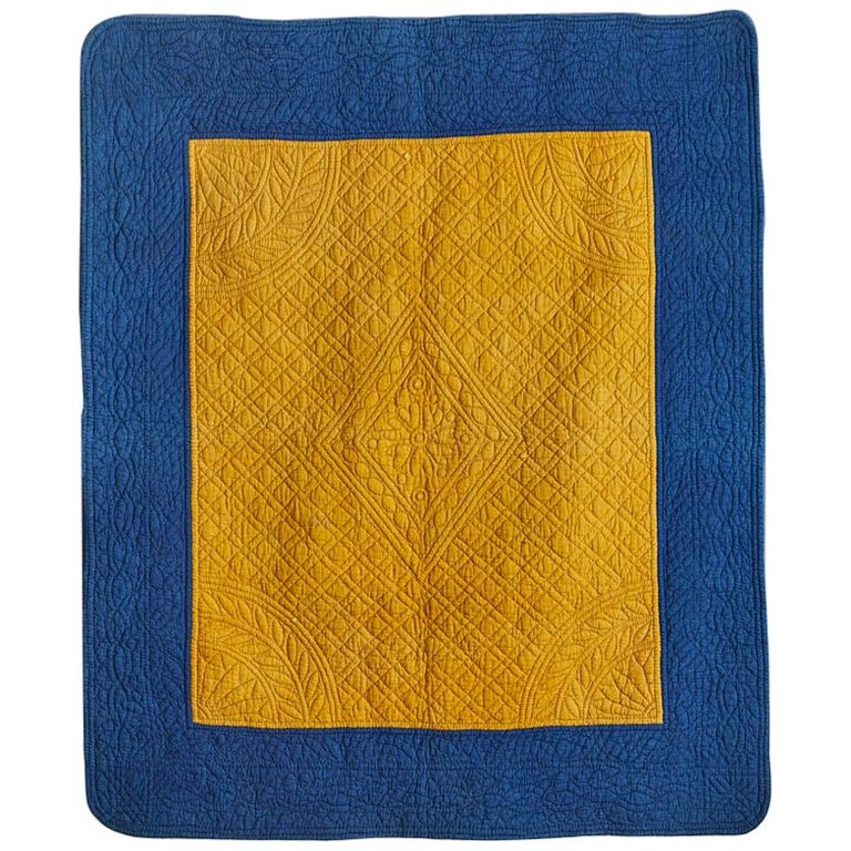 French Vintage Quilt in Indigo and Saffron Yellow from Early 19th
