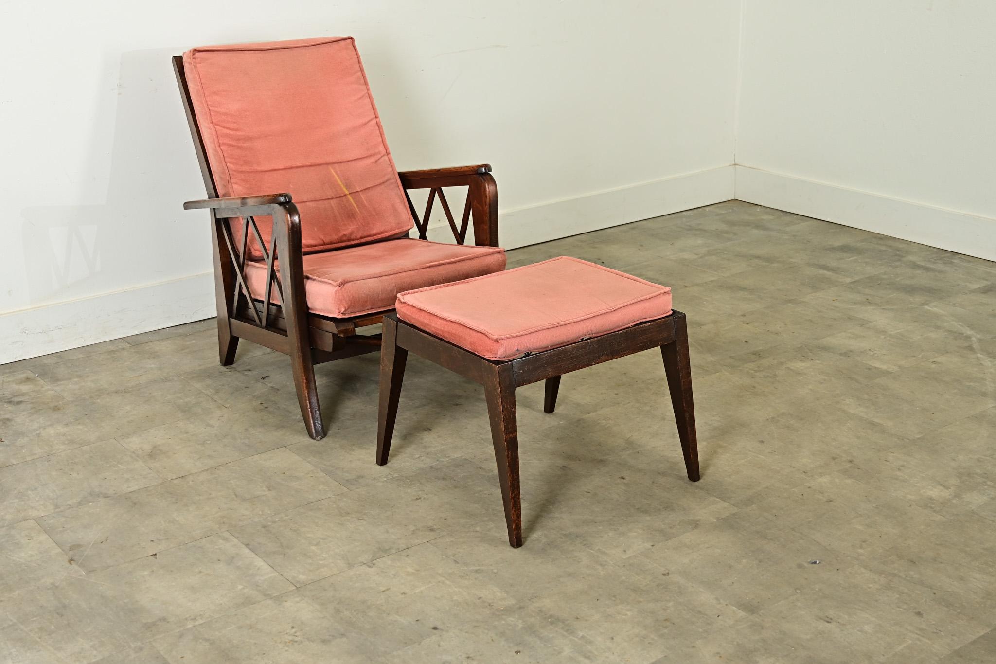 Other French Vintage Reclining Armchair & Ottoman For Sale