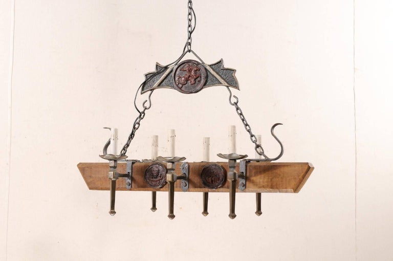 French Vintage Rectangular Forged Iron and Wood Beam Six-Light ...