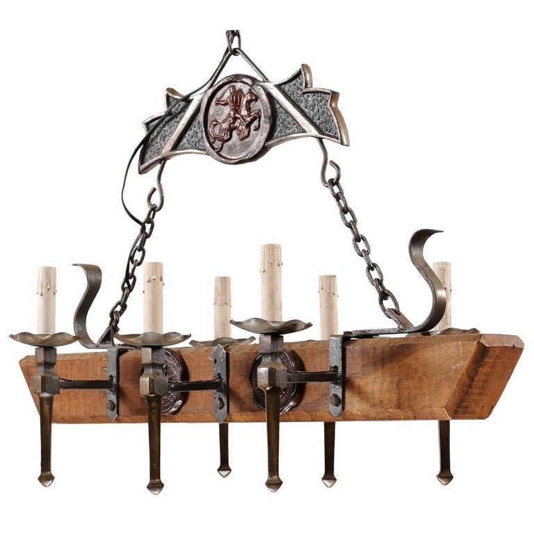 French Vintage Rectangular Forged Iron and Wood Beam Six-Light ...