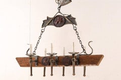 French Vintage Rectangular Wood Beam and Iron Chandelier