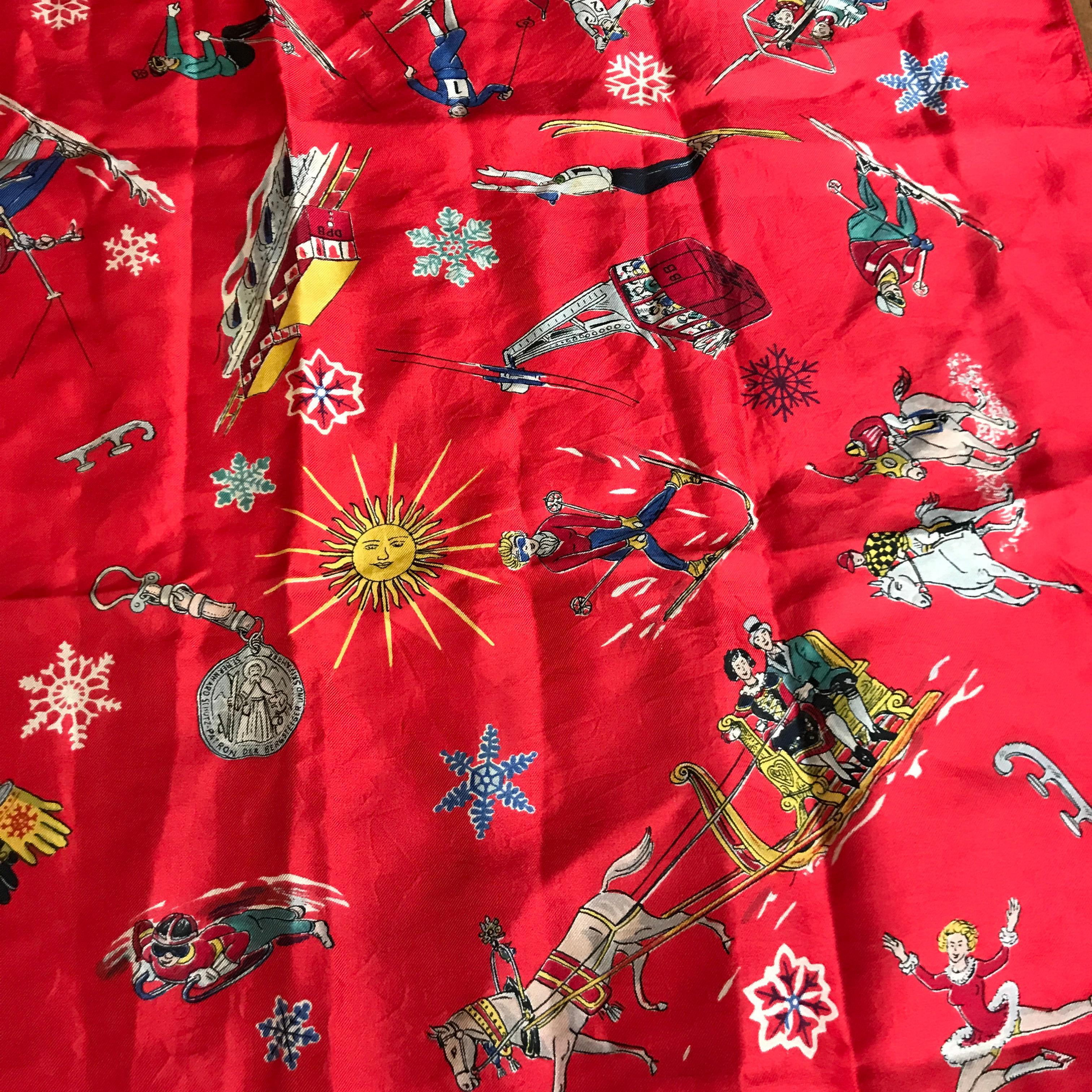French Vintage Red Silk Scarf Showing Winter Sports..skiing , skating , sledding For Sale 4