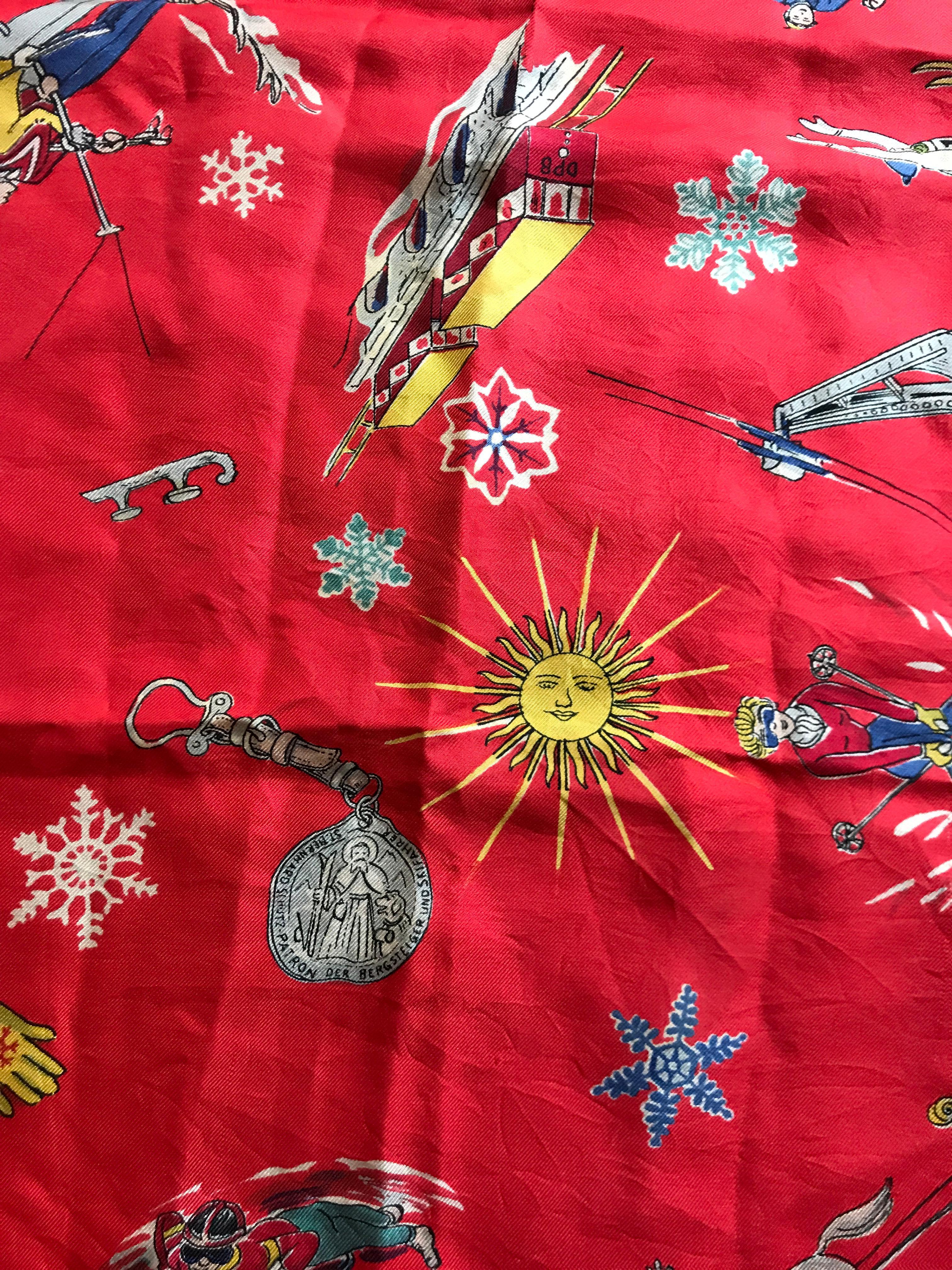 Great Holiday gift idea.. this vintage 1950 French red silk scarf is printed with examples of various winter sports. The small print makes the design especially suited to be worn folded as the pattern can still be seen.
Some pin holes on the edges