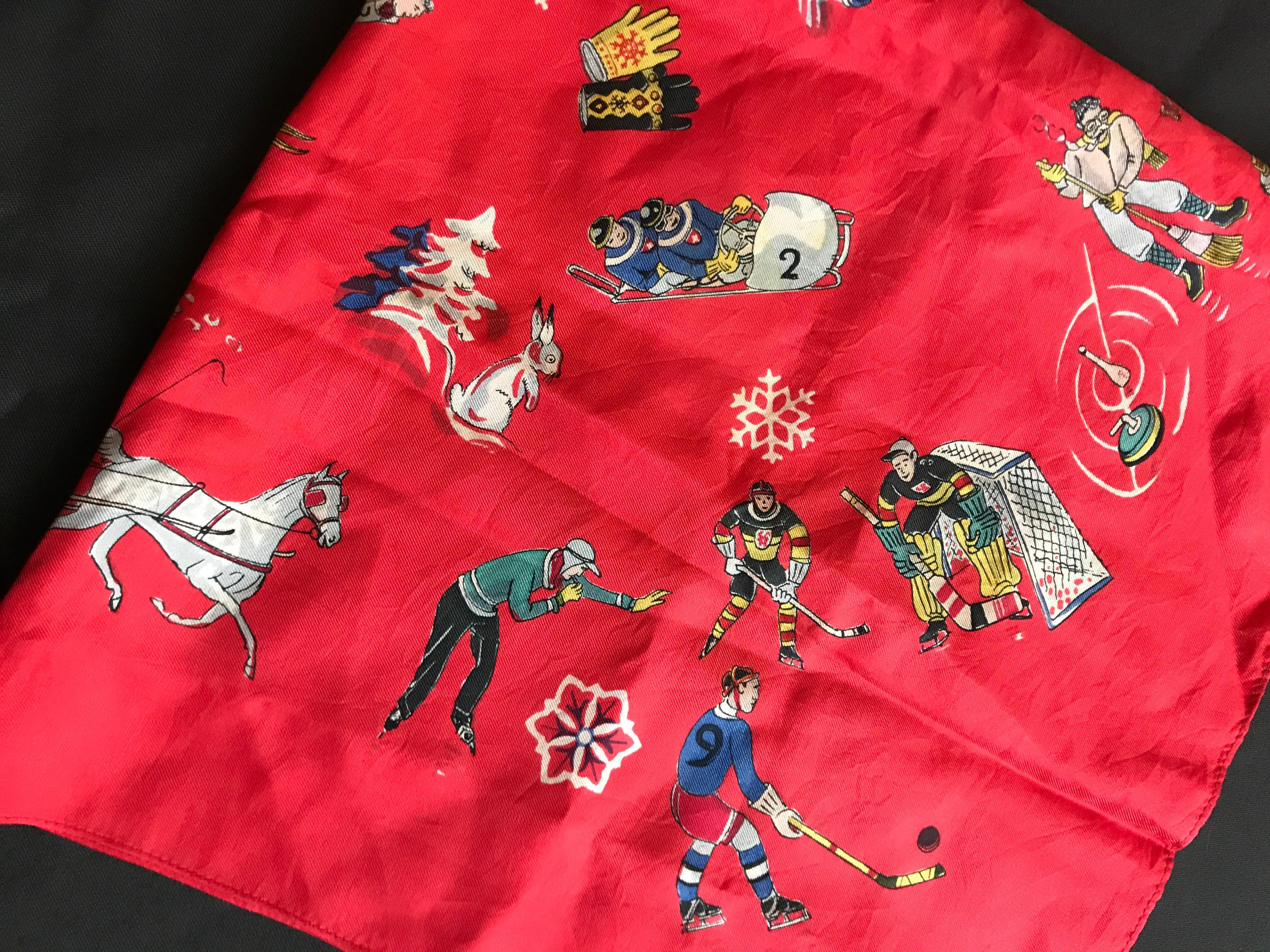 French Vintage Red Silk Scarf Showing Winter Sports..skiing , skating , sledding For Sale 1