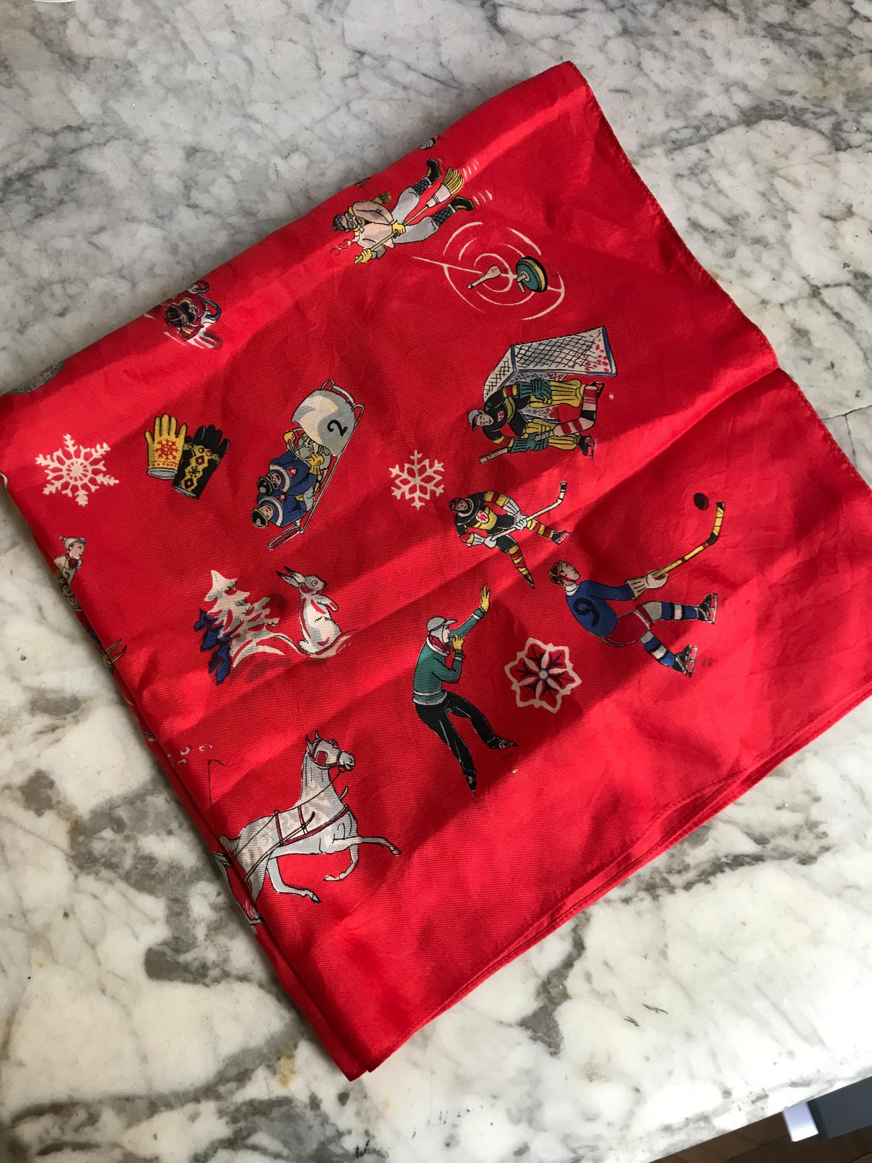 French Vintage Red Silk Scarf Showing Winter Sports..skiing , skating , sledding For Sale 2