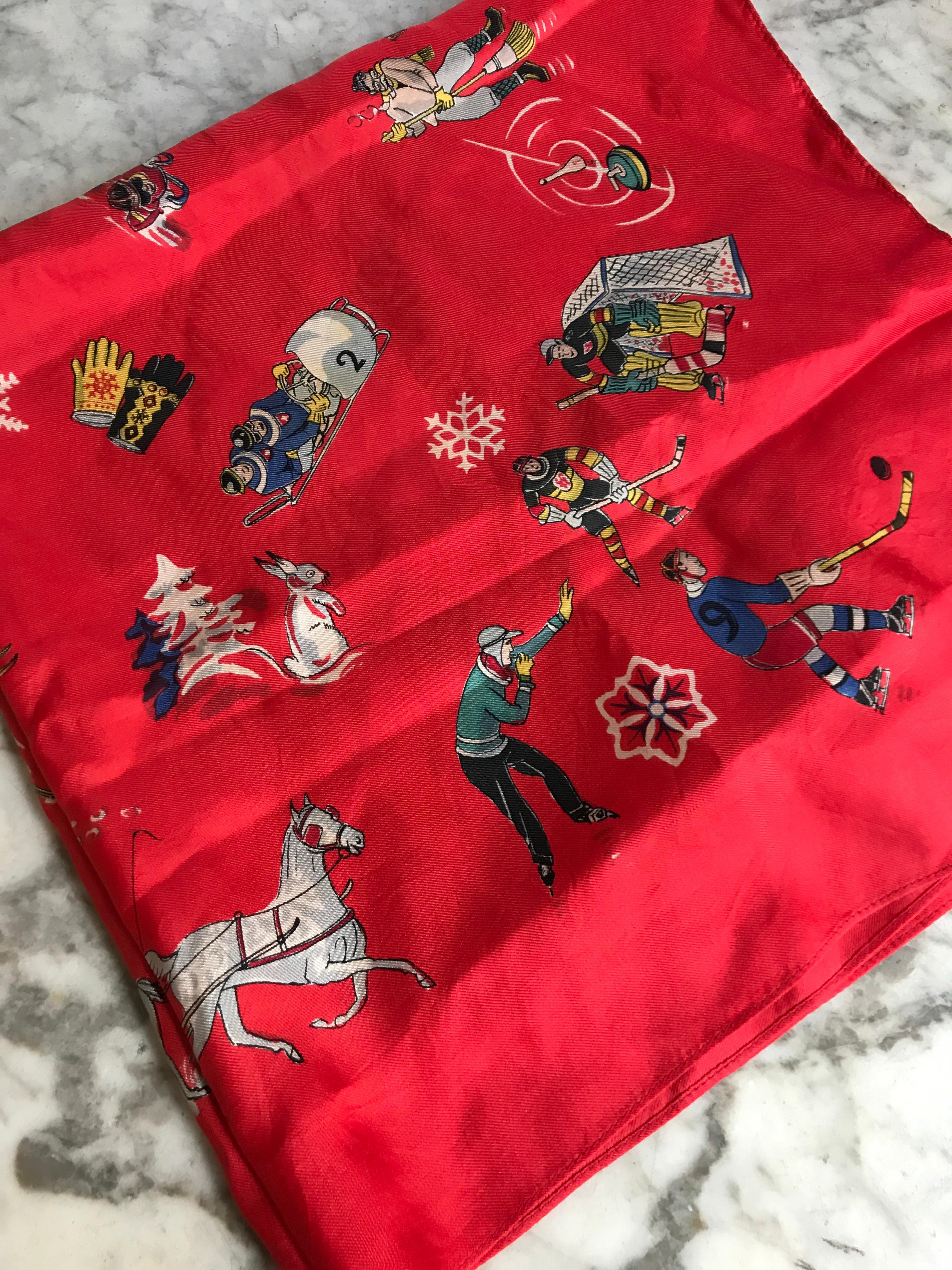 French Vintage Red Silk Scarf Showing Winter Sports..skiing , skating , sledding For Sale 3