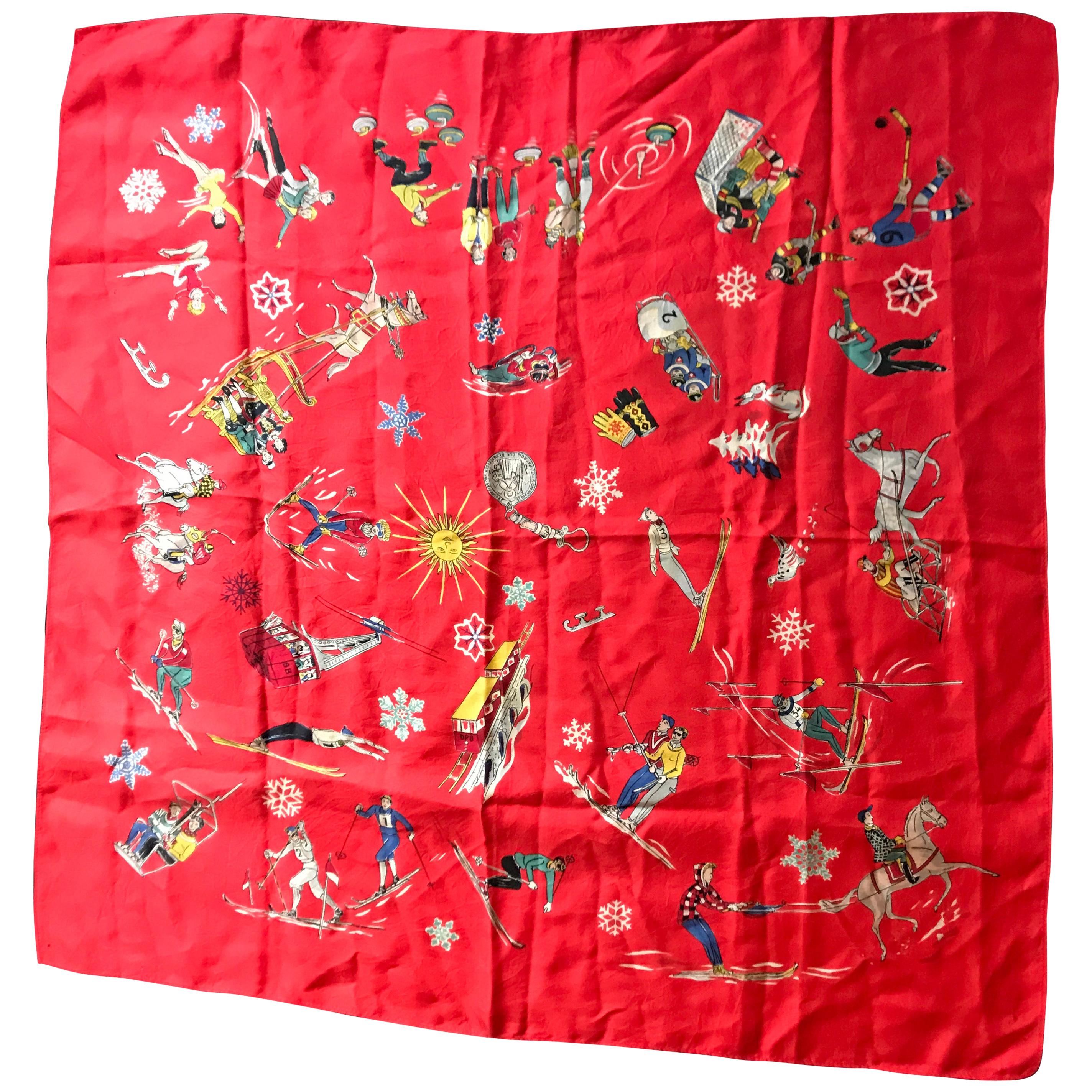 French Vintage Red Silk Scarf Showing Winter Sports..skiing , skating , sledding For Sale