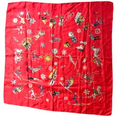 French Vintage Red Silk Scarf Showing Winter Sports..skiing , skating , sledding