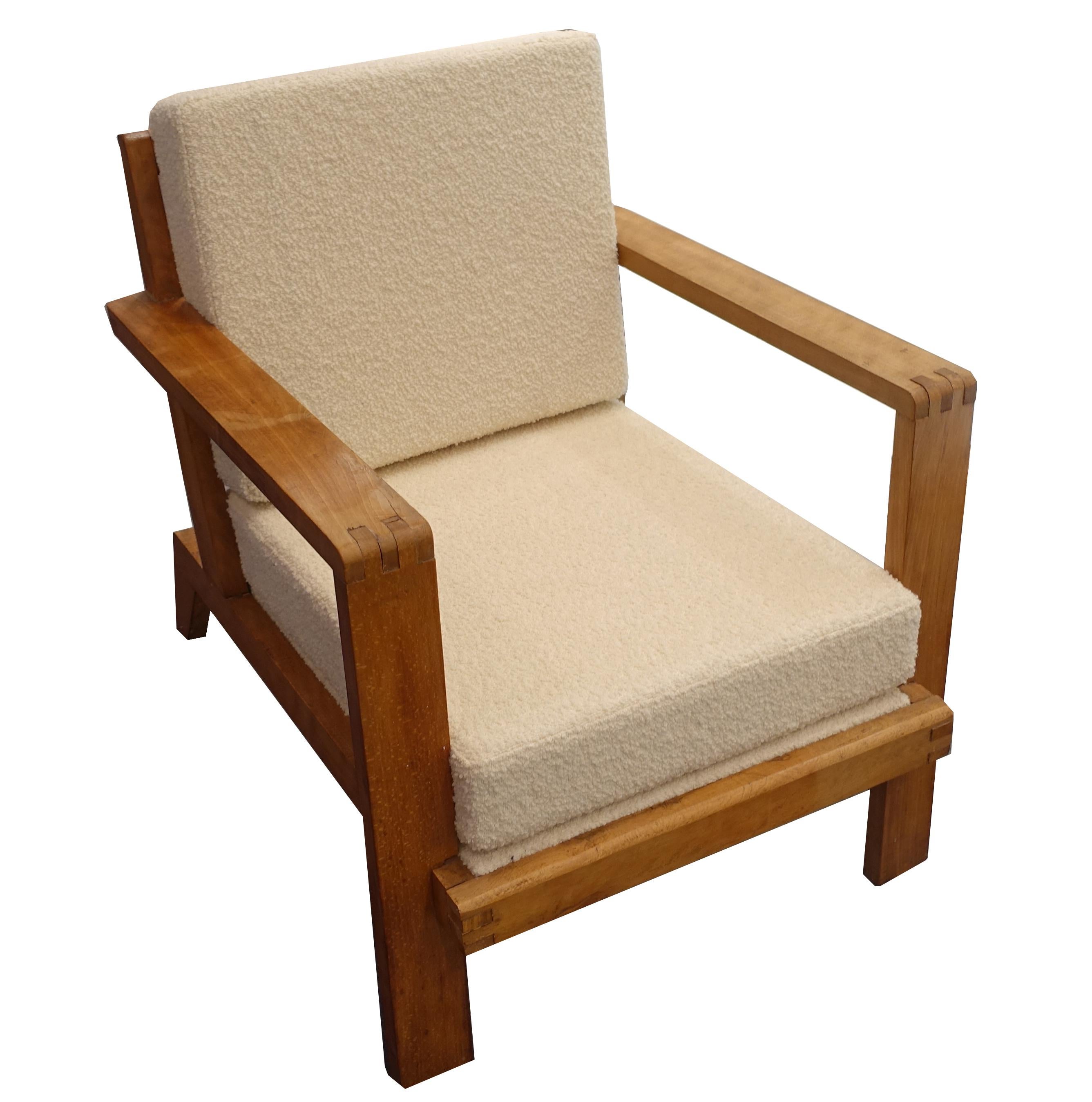 French Vintage, rare René Gabriel Armchair from Paris, France, circa 1940s with grid back and new cream bouclé upholstery.