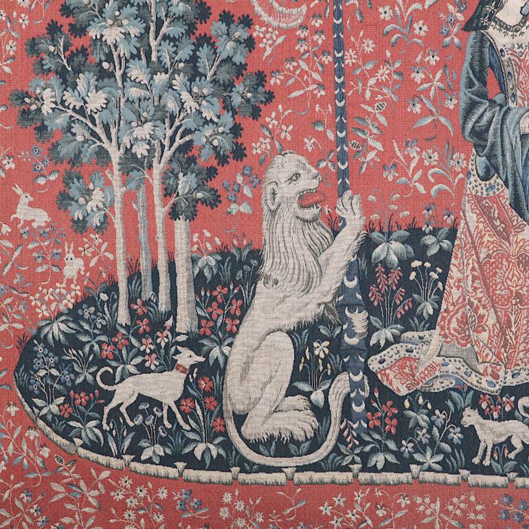 French vintage reproduction of one of the famous series of six, “lady and the unicorn” tapestries from the late 1500s. Five of the six tapestries represent the five senses, ‘sight, smell, sound, touch and taste. This one is ‘sound’. Original
