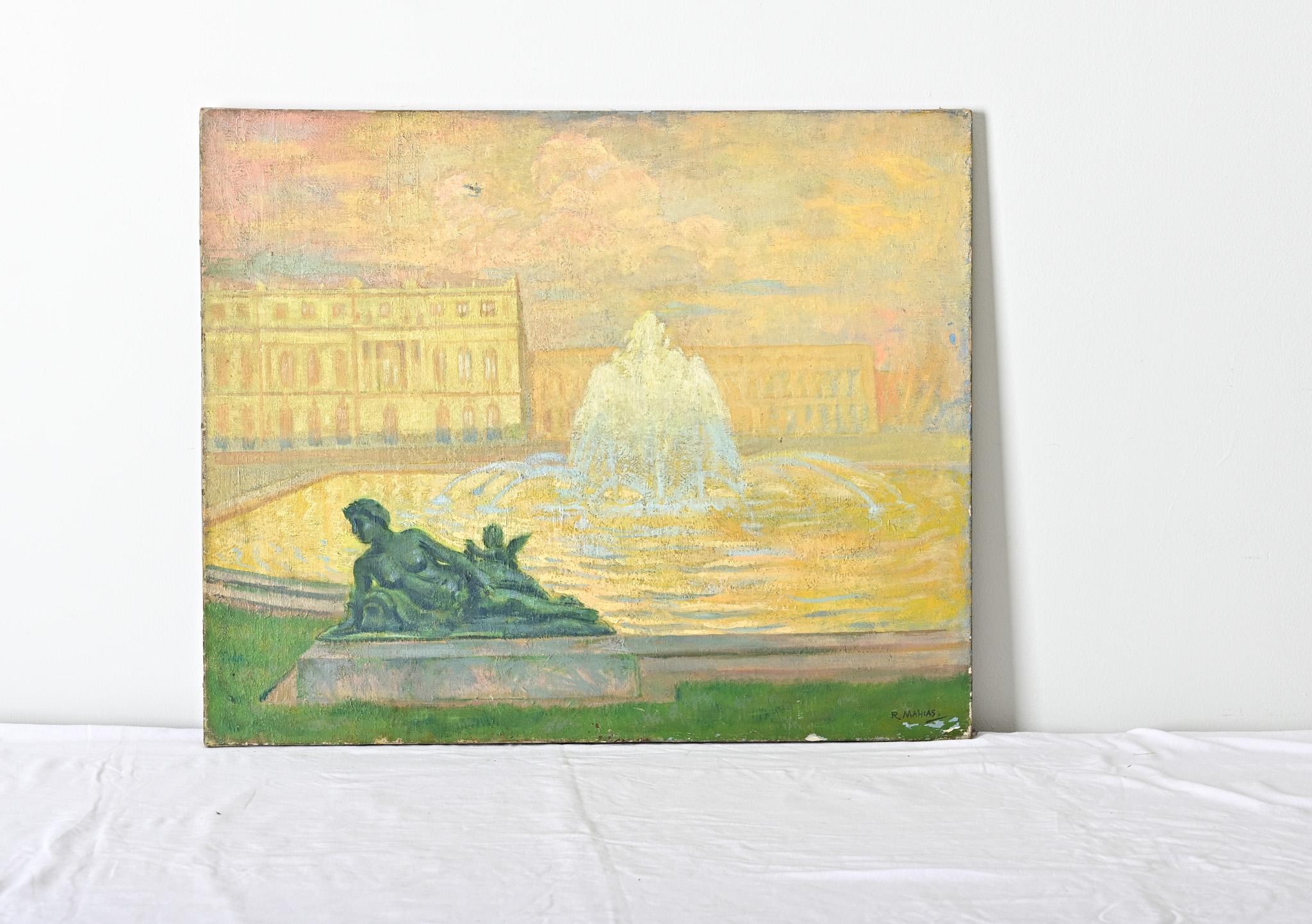 Wie der Sonnenkönig selbst erweckt dieses französische Gemälde auf Leinwand des Schlosses von Versailles Ehrfurcht und Erstaunen darüber, dass eine solche Person und ein solcher Ort existieren konnten. Die untergehende Sonne taucht den Bacchus- oder