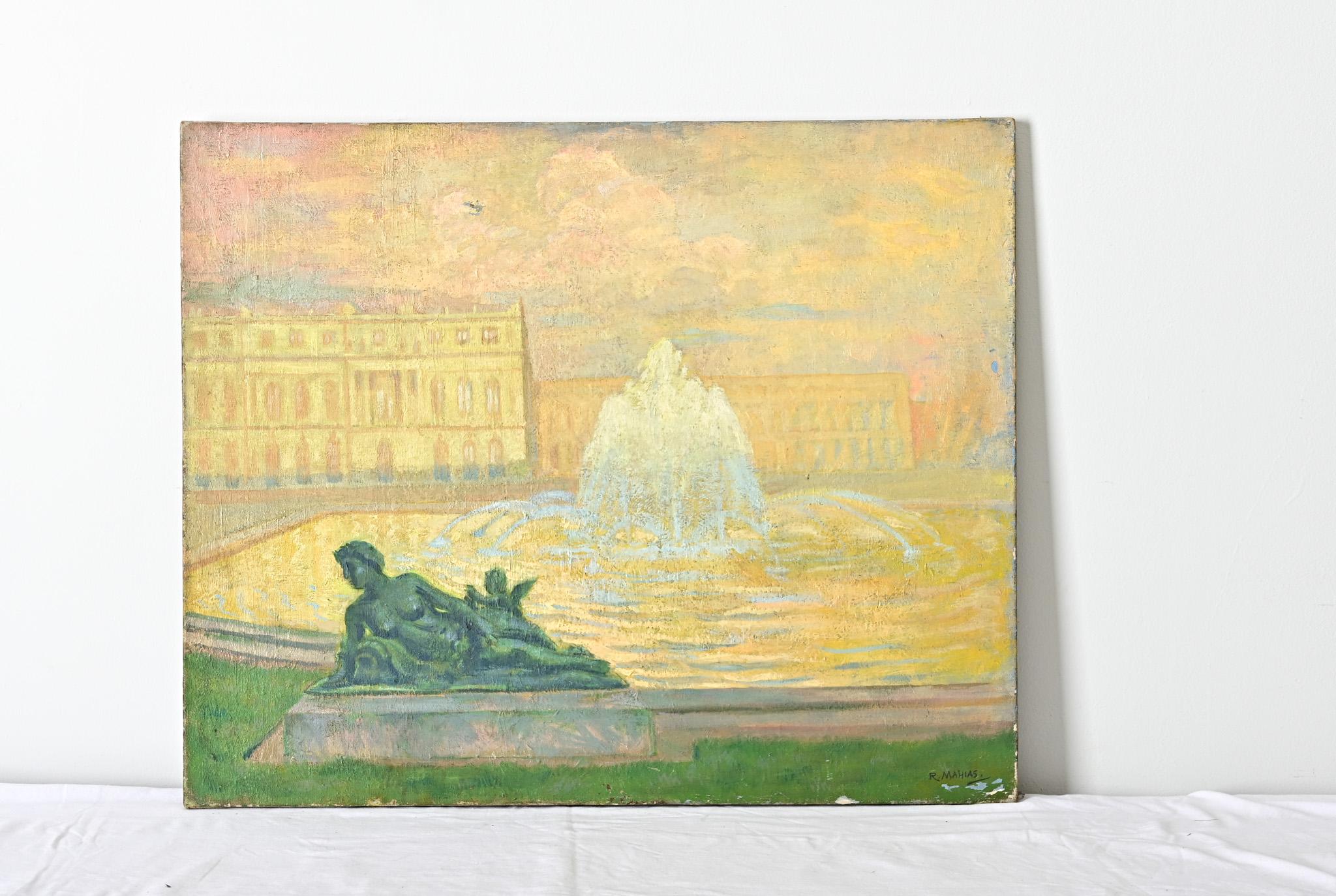 Französisch Vintage By Robert Mahias Gemälde, Versailles bei Sonnenuntergang (Moderne) im Angebot