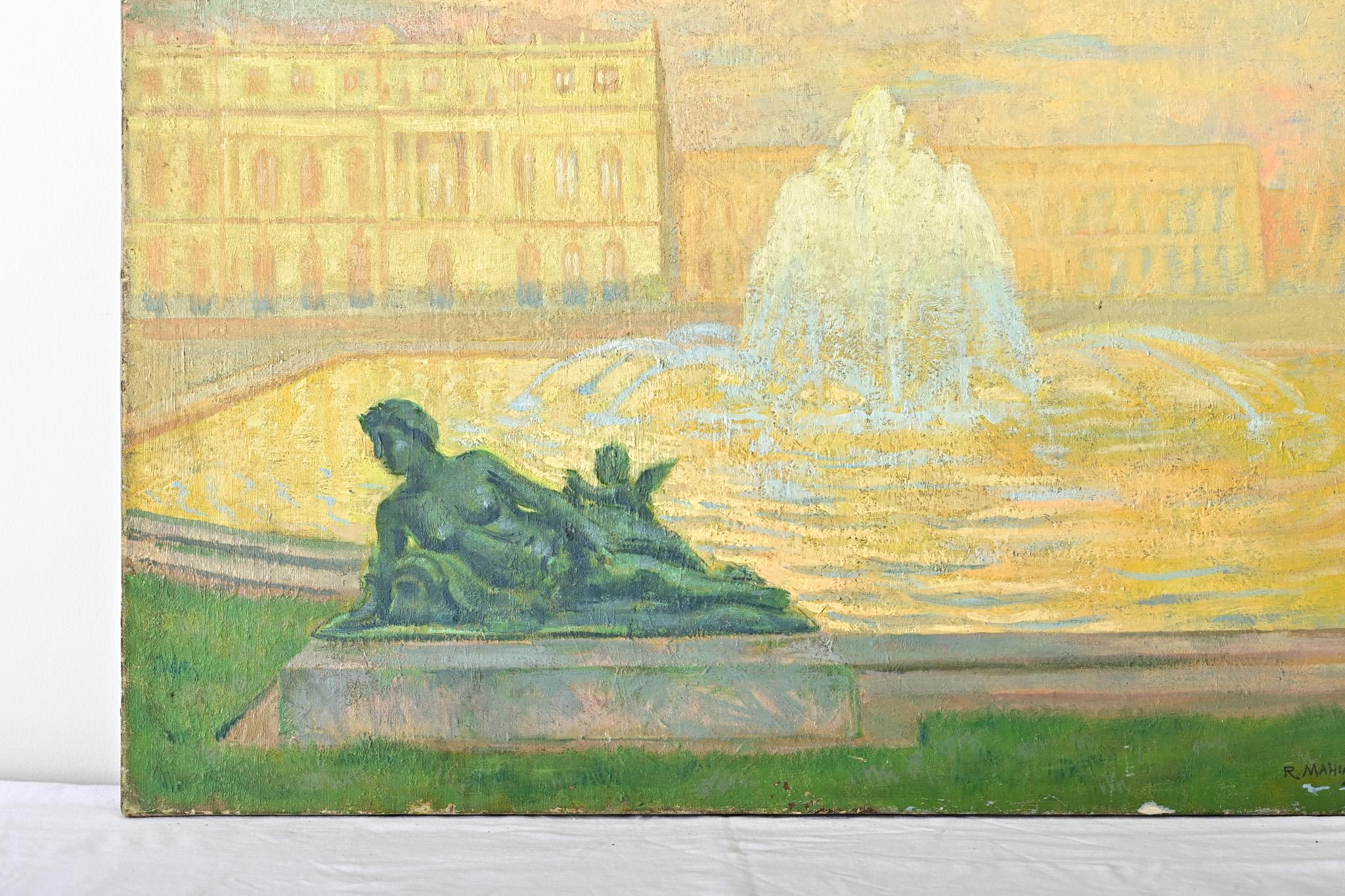 Französisch Vintage By Robert Mahias Gemälde, Versailles bei Sonnenuntergang (Geölt) im Angebot