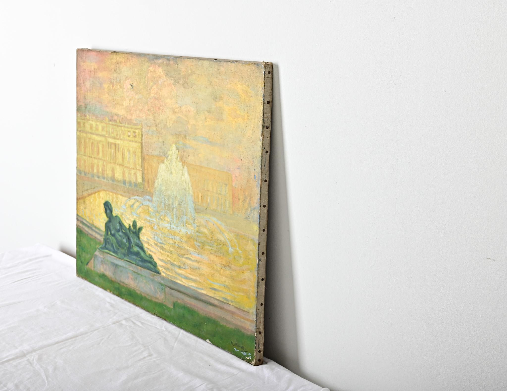 Französisch Vintage By Robert Mahias Gemälde, Versailles bei Sonnenuntergang (20. Jahrhundert) im Angebot