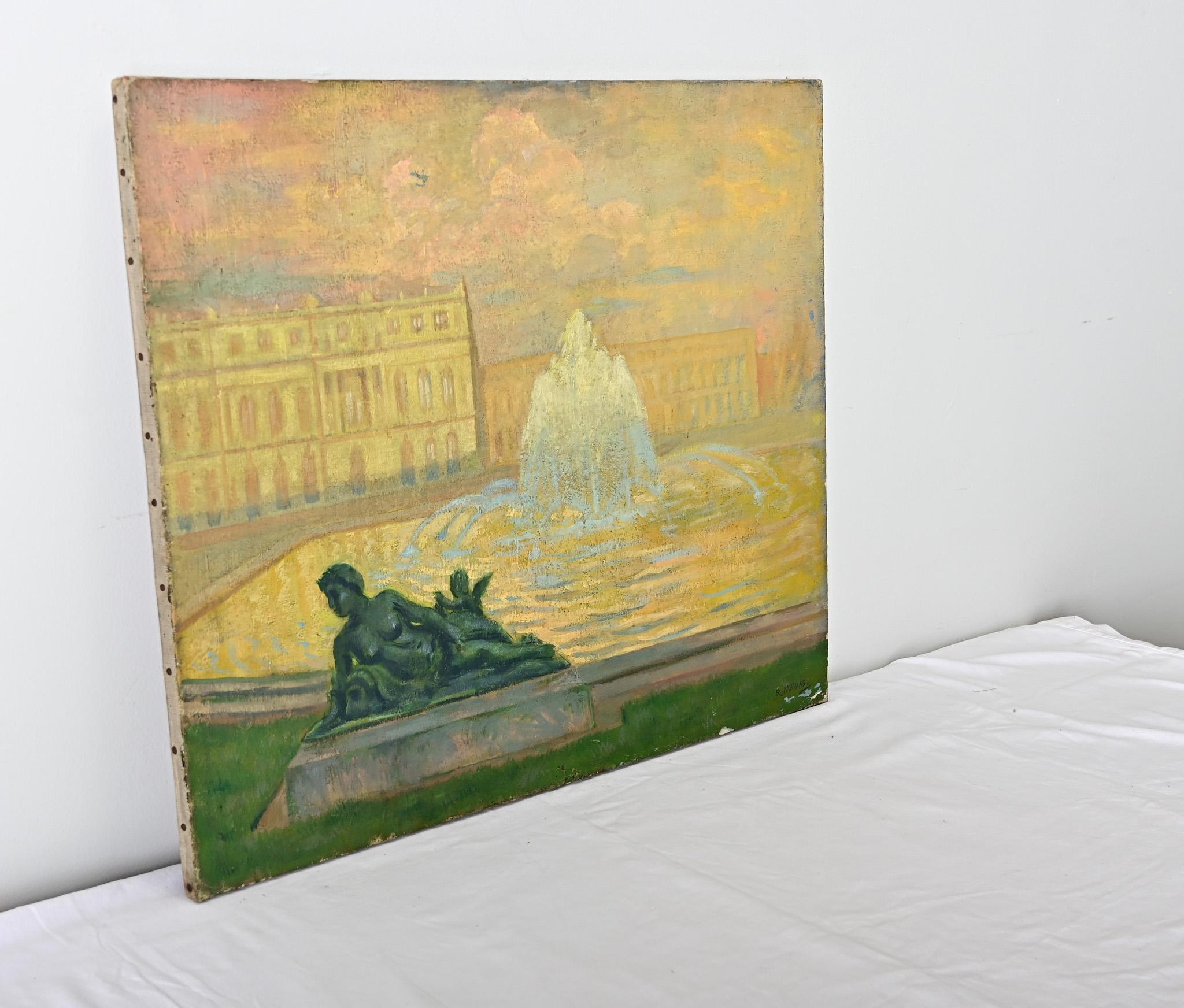 Französisch Vintage By Robert Mahias Gemälde, Versailles bei Sonnenuntergang (Leinwand) im Angebot