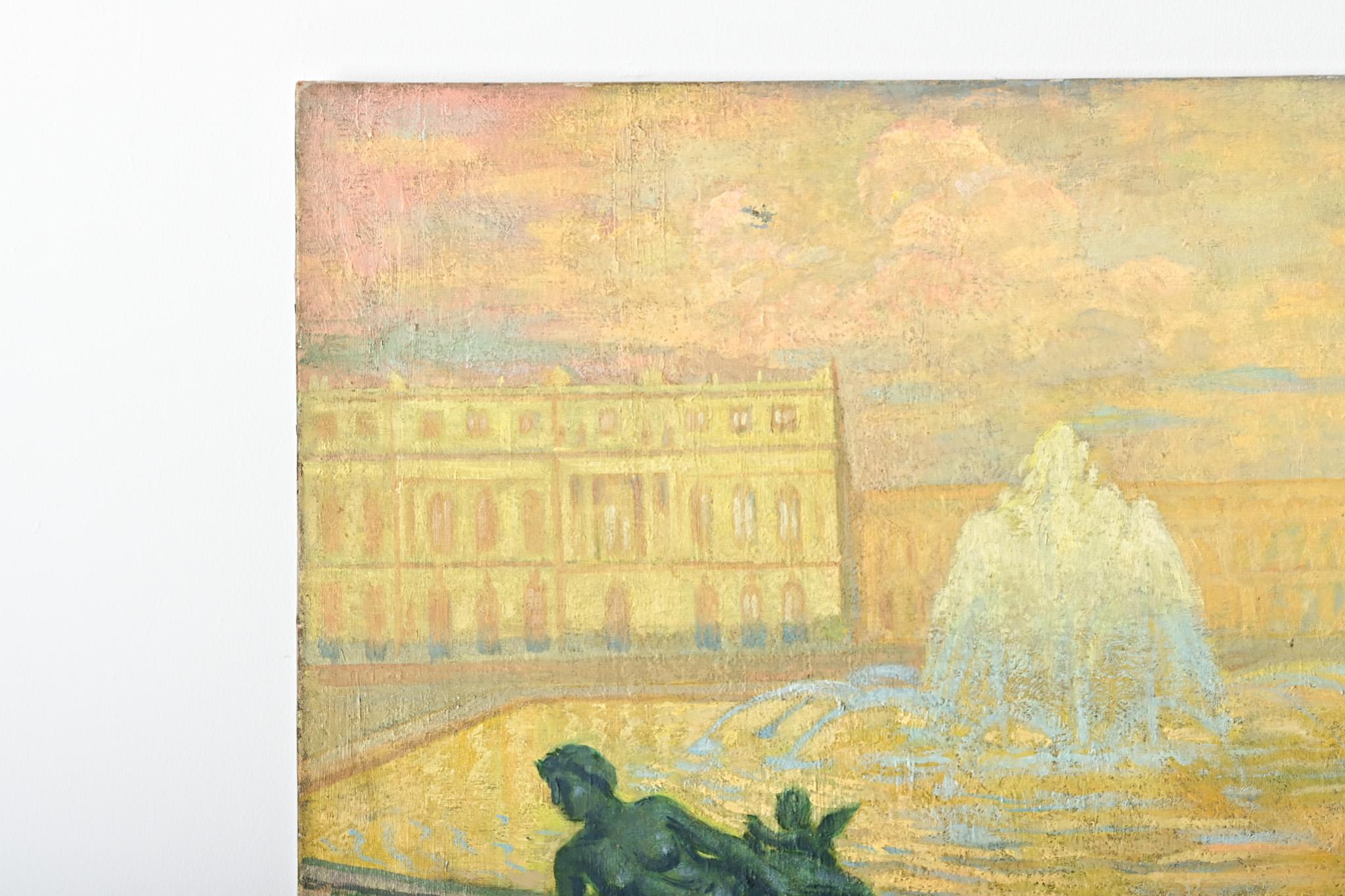 Französisch Vintage By Robert Mahias Gemälde, Versailles bei Sonnenuntergang im Angebot 1
