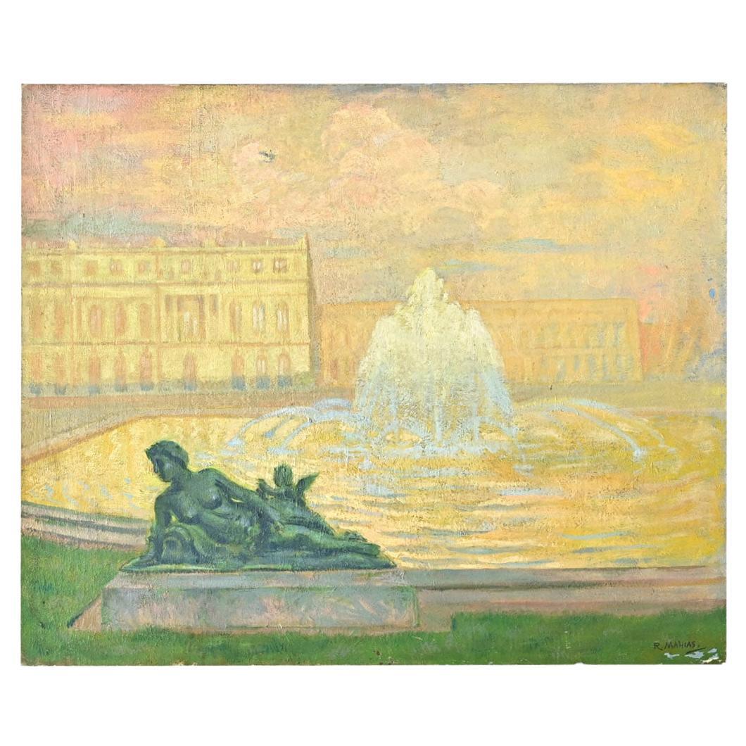 Französisch Vintage By Robert Mahias Gemälde, Versailles bei Sonnenuntergang im Angebot