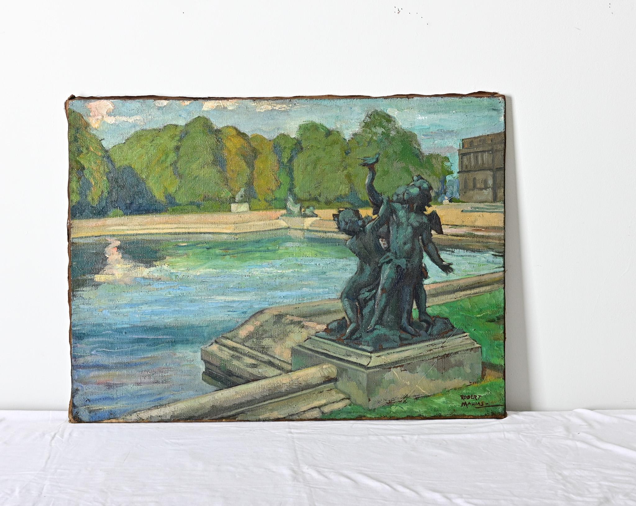 Questo dipinto a olio francese d'epoca, che raffigura il grande parterre d'acqua della reggia di Versailles, dimostra il potere duraturo di questo luogo di suscitare ancora meraviglia e stupore a distanza di tre secoli. Una tavolozza verdeggiante di