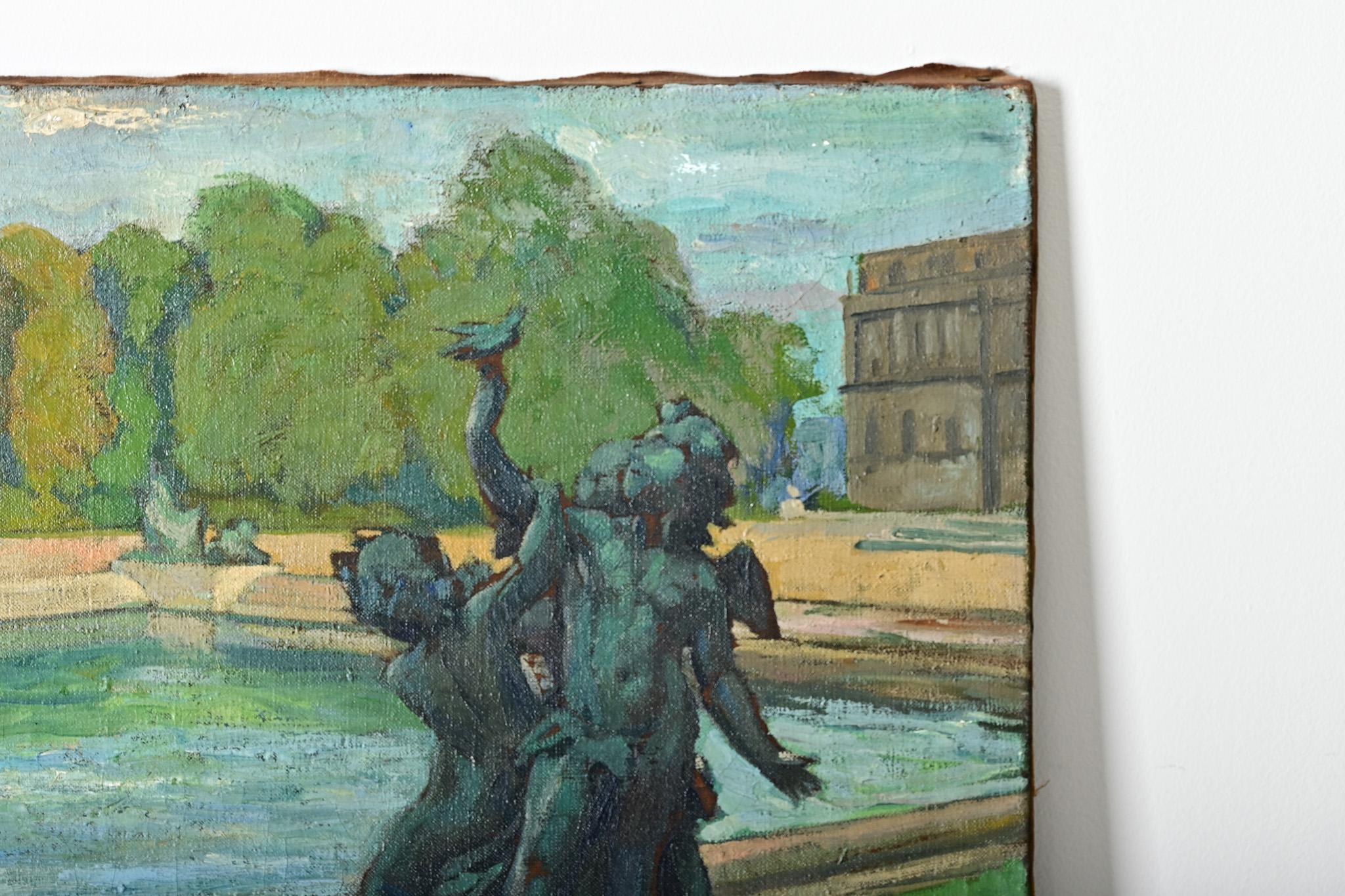 A olio Quadro francese d'epoca di Robert Mahias, Fontana di Versailles in vendita