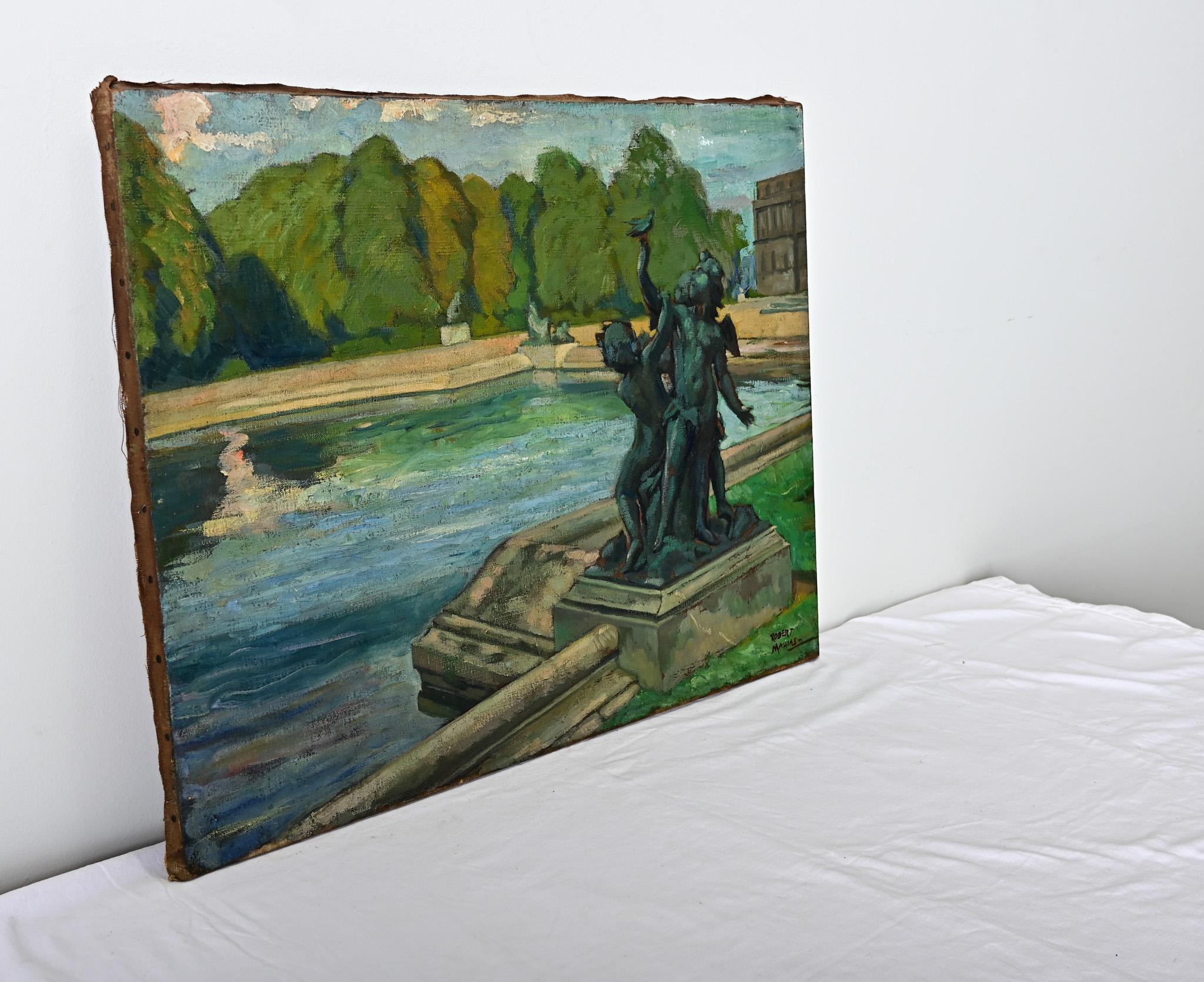 Quadro francese d'epoca di Robert Mahias, Fontana di Versailles In condizioni buone in vendita a Baton Rouge, LA