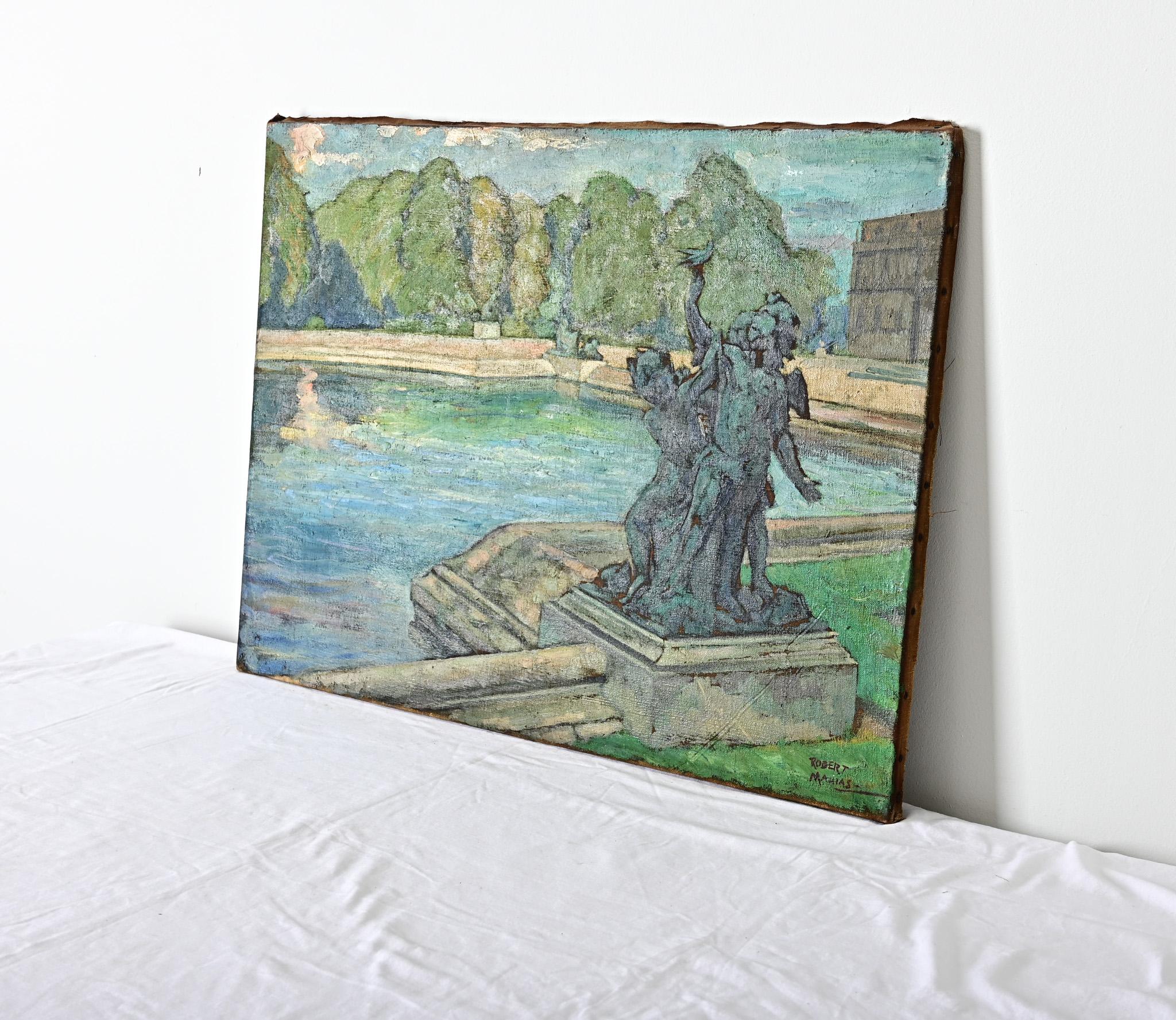 XX secolo Quadro francese d'epoca di Robert Mahias, Fontana di Versailles in vendita