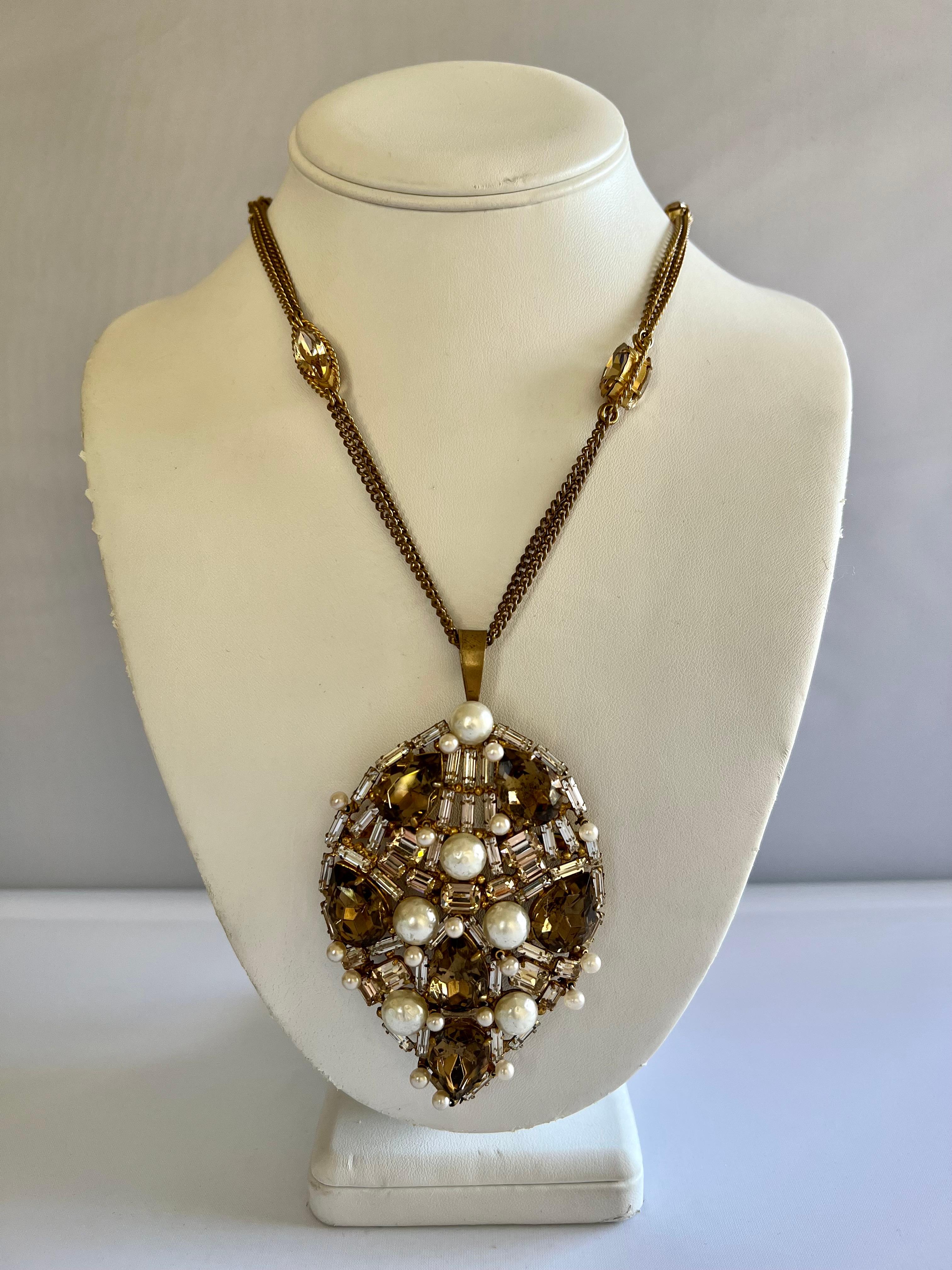 Artisan French Vintage Roger Scemama  Jeweled Pearl Brooch/Pendant Necklace 