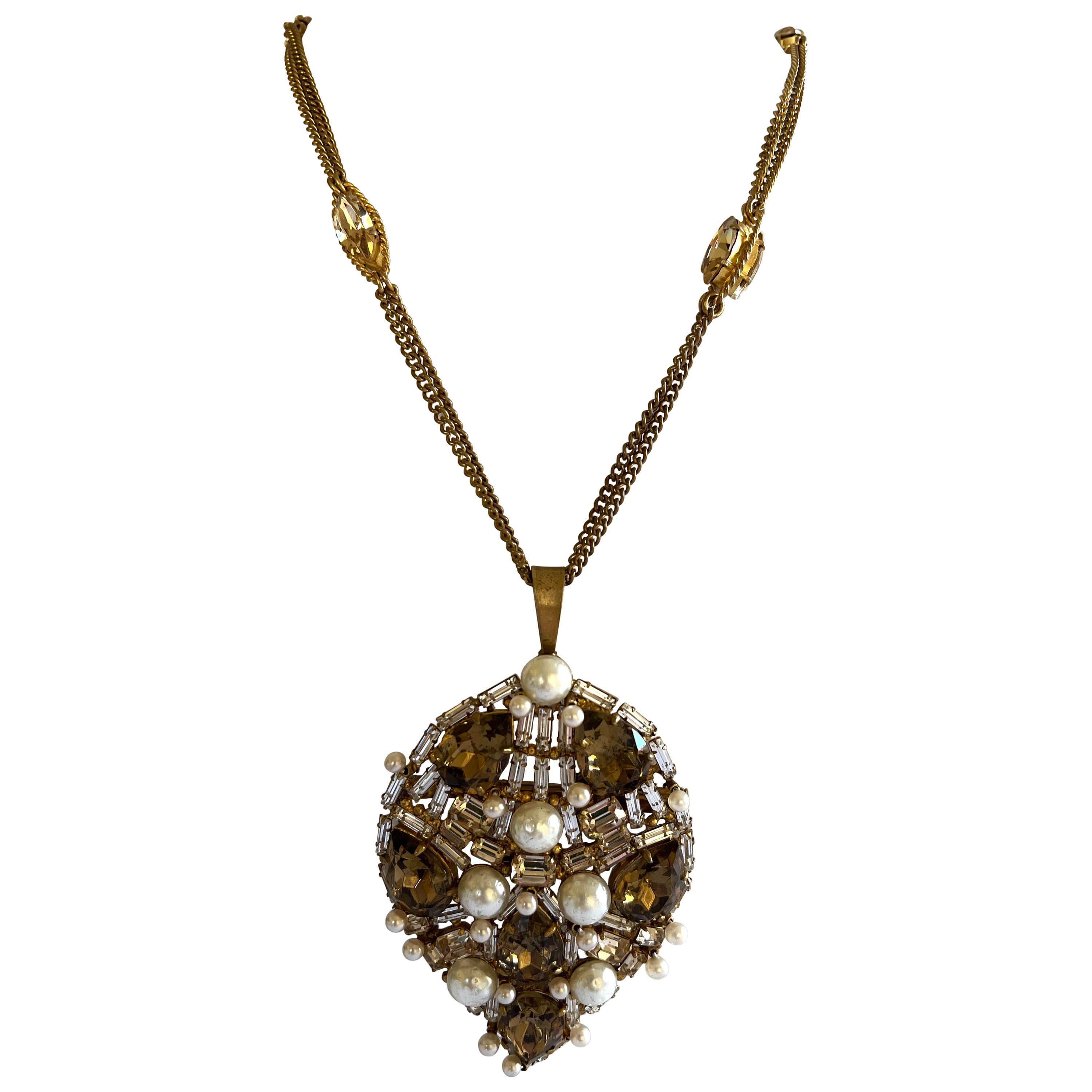 French Vintage Roger Scemama  Jeweled Pearl Brooch/Pendant Necklace