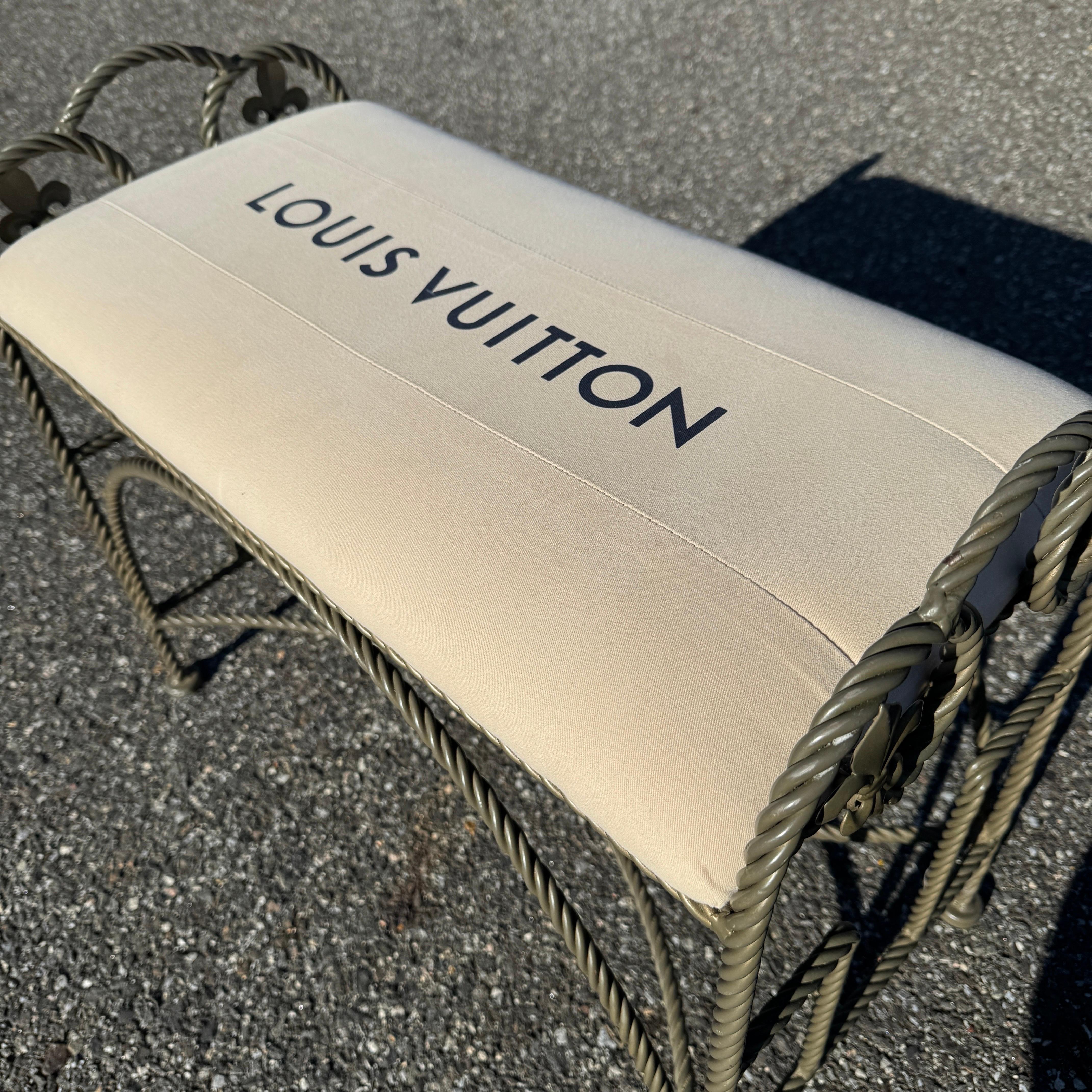 French Vintage Roped Iron Bench With Louis Vuitton Bag Fabric 7