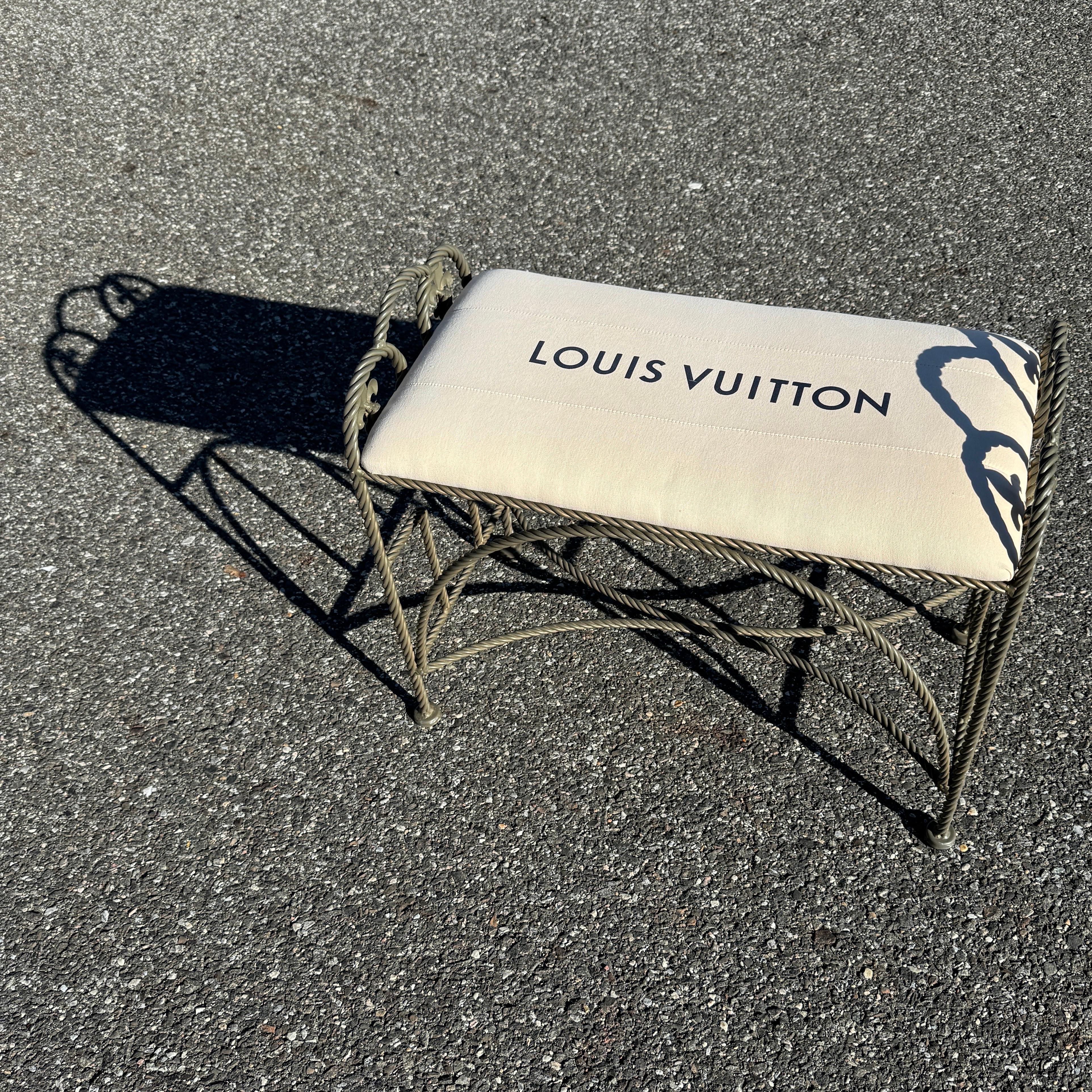 French Vintage Roped Iron Bench With Louis Vuitton Bag Fabric 10